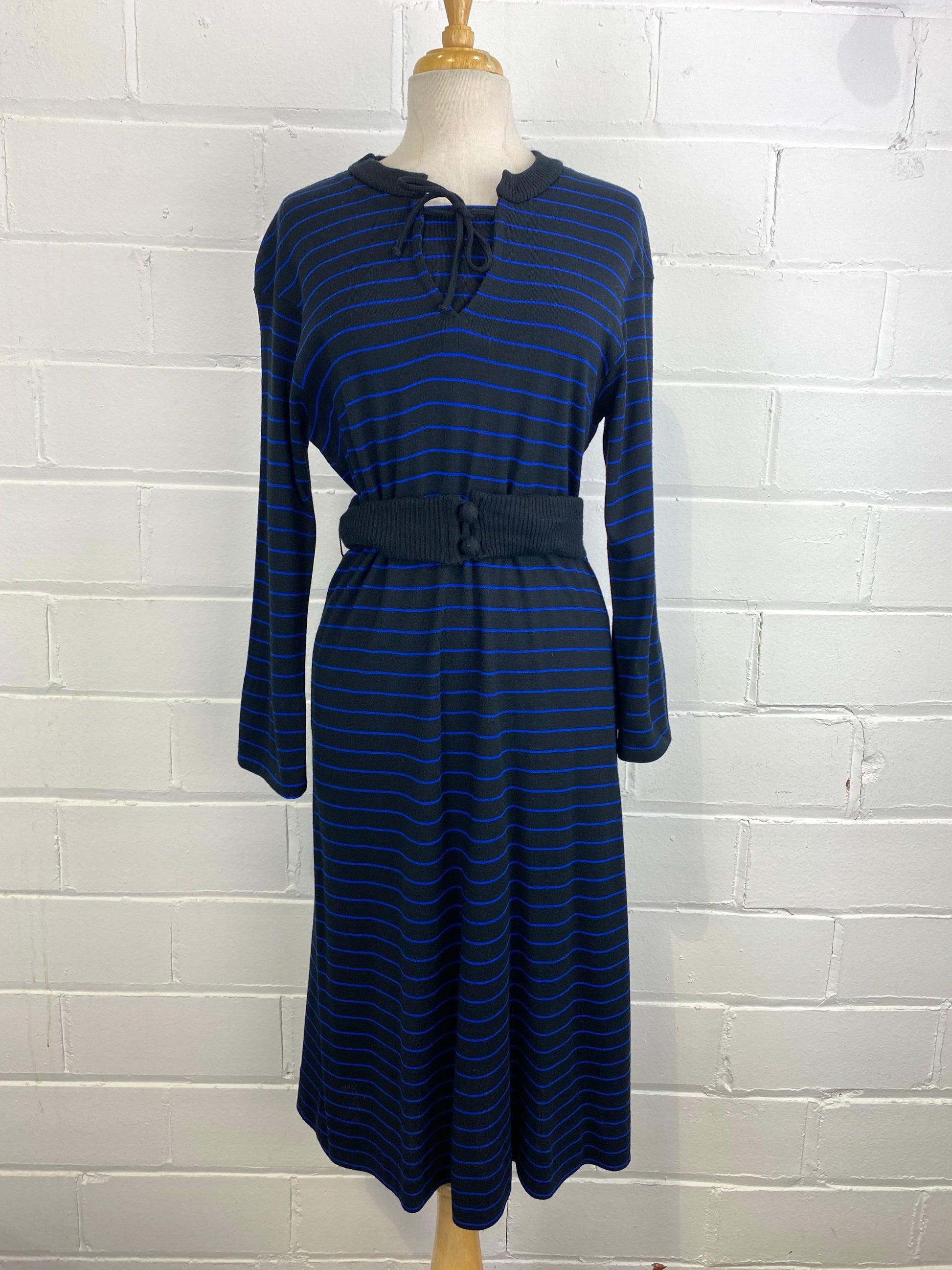 Vintage 1980s Long Sleeve Striped Knit Dress, Black and Blue, Large – Ian Drummond Vintage