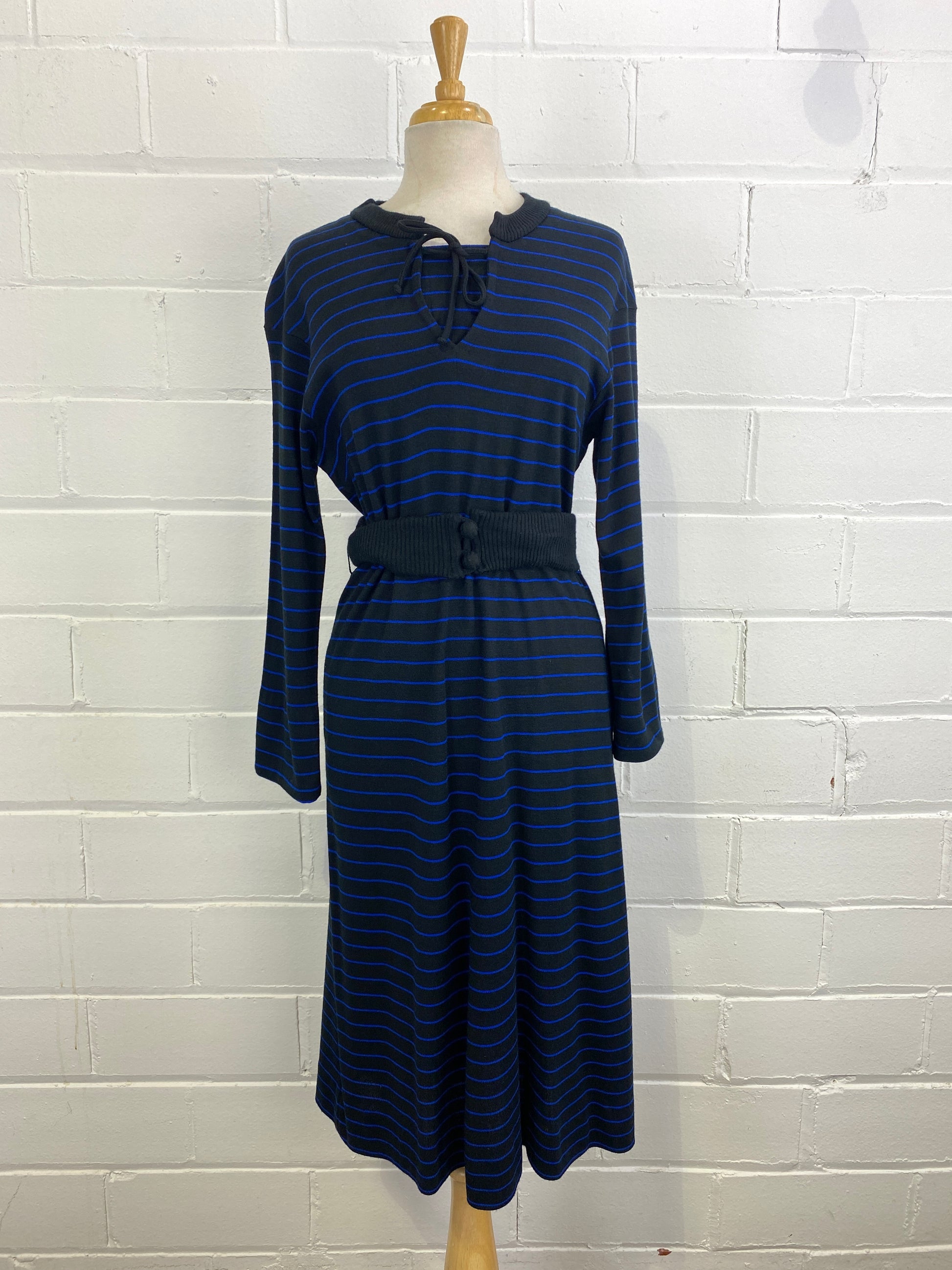 Vintage 1980s Long Sleeve Striped Knit Dress, Black and Blue, Large Ian Drummond Vintage Vintage 1980s Long Sleeve Striped Knit Dress, Black and Blue, Large Ian Drummond Vintage