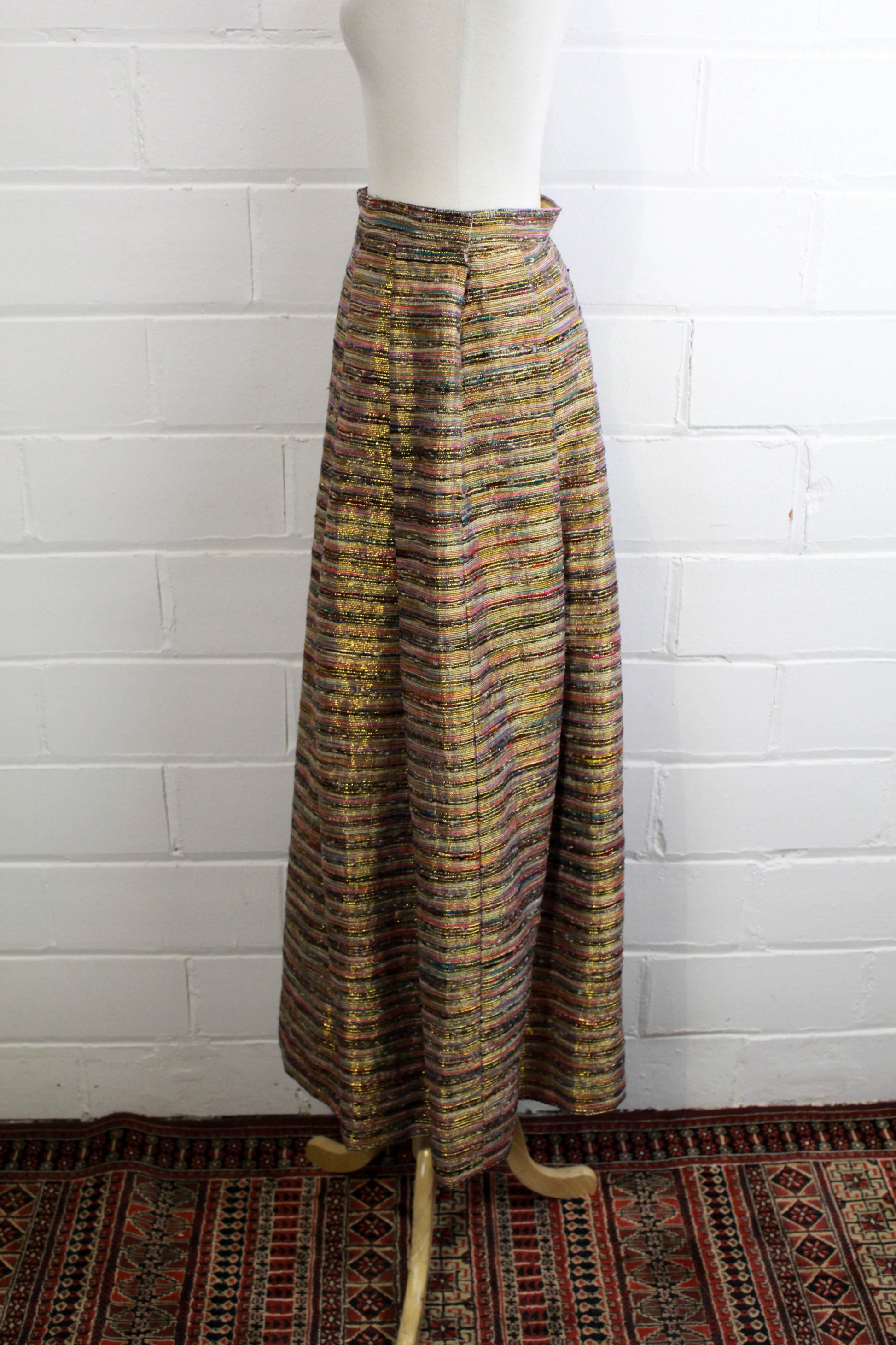 1970s metallic gold striped maxi skirt pleated waist, vintage holiday party