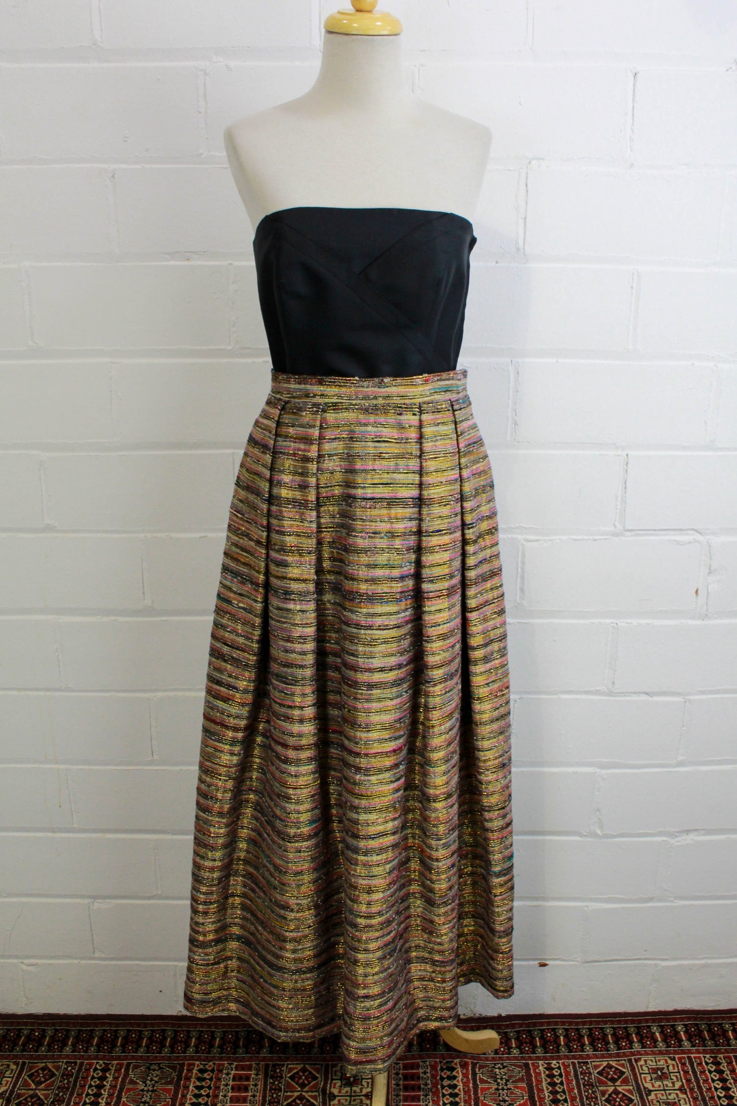 1970s metallic maxi skirt pleated waist a-line flare