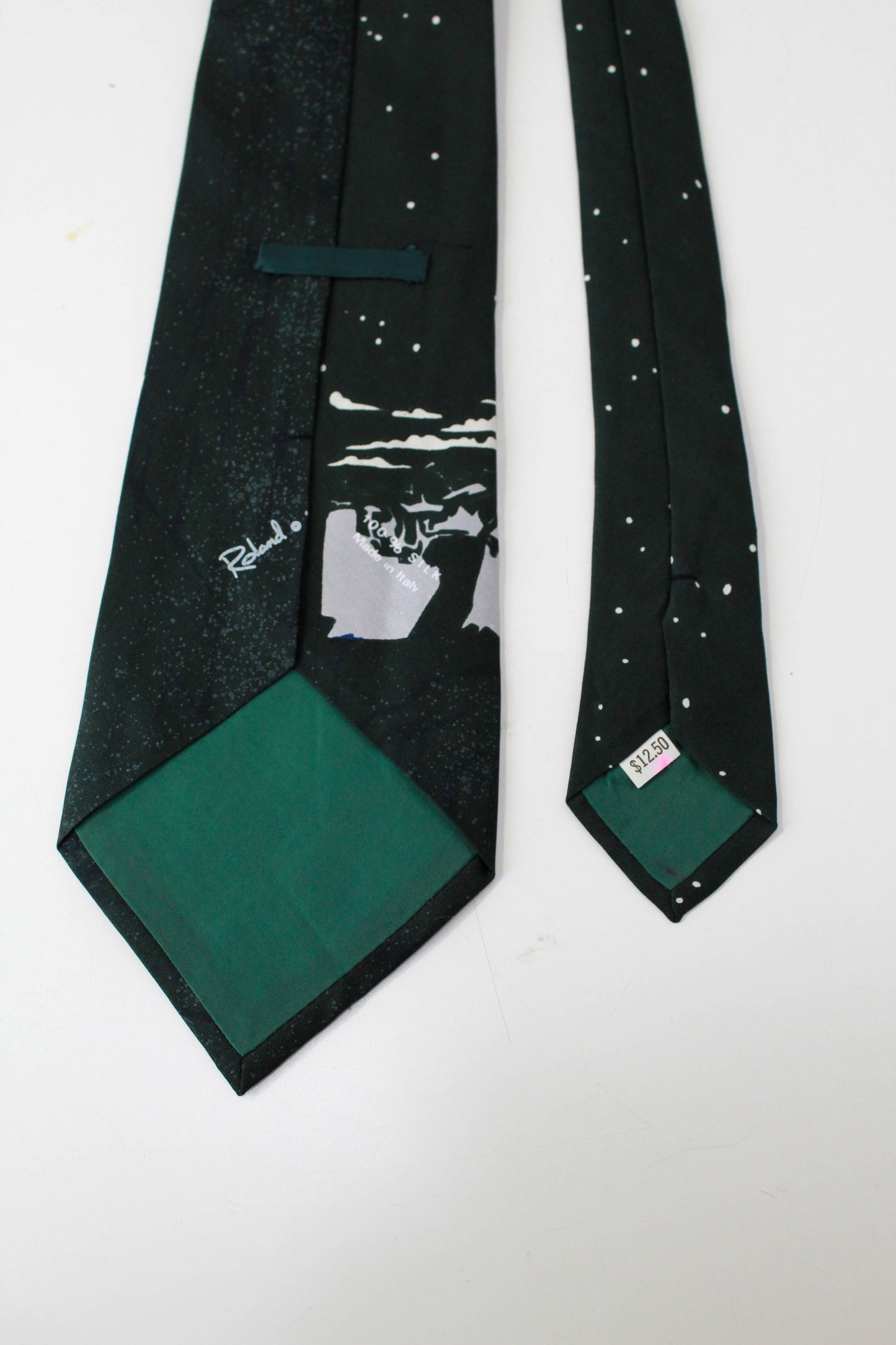 1970s Ram/Jumping Goat Print Necktie, Silk Roland Tie, Dark Green