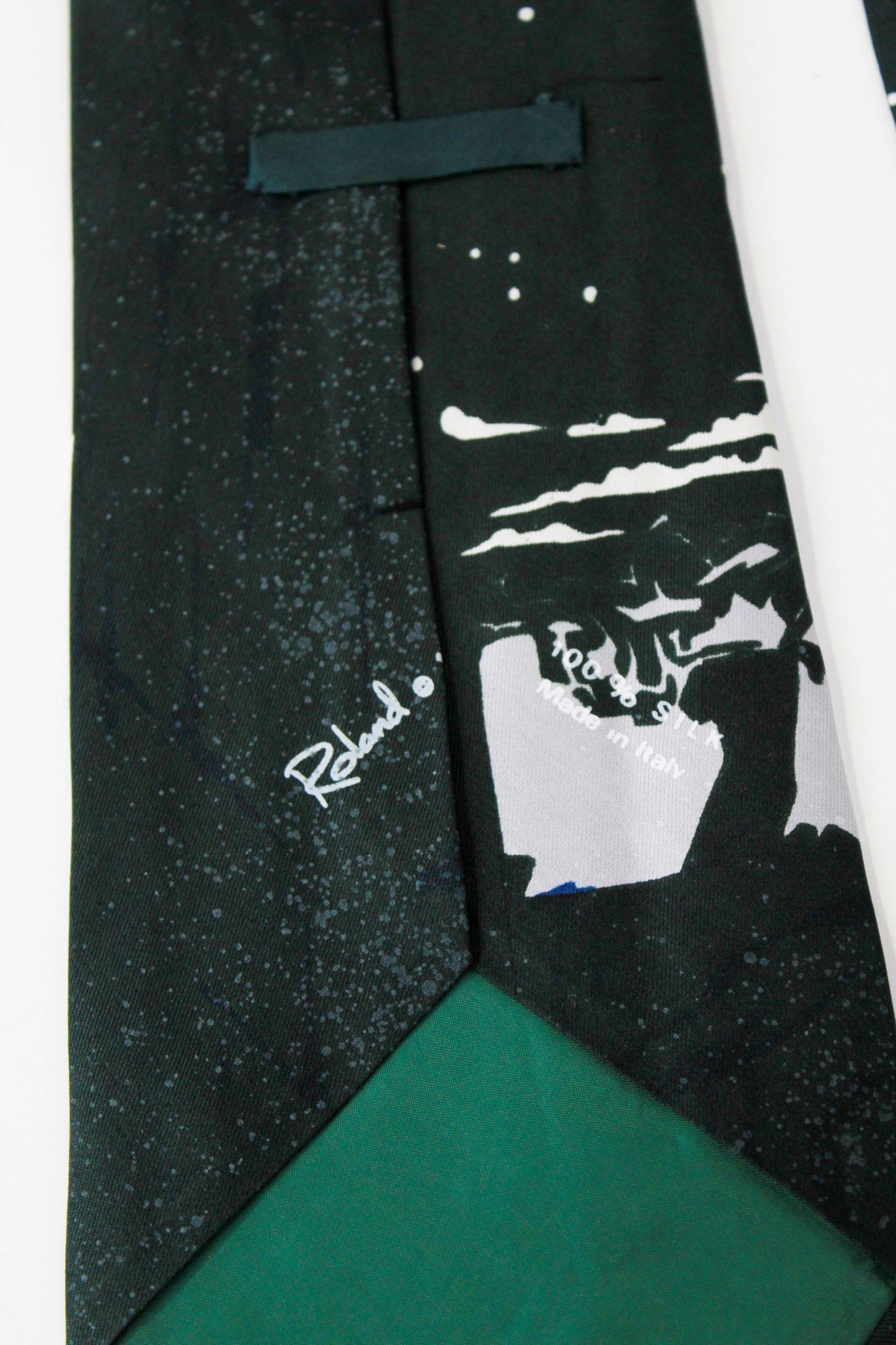 1970s Ram/Jumping Goat Print Necktie, Silk Roland Tie, Dark Green