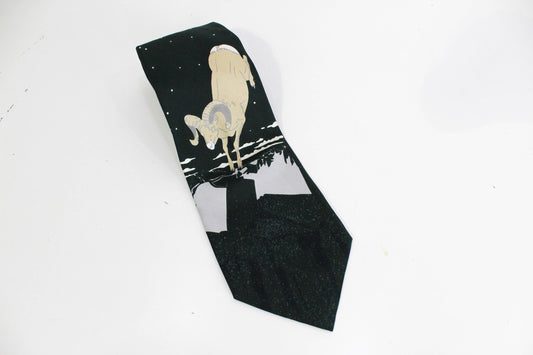 1970s novelty wide necktie, ram /jumping goat print silk roland men's tie