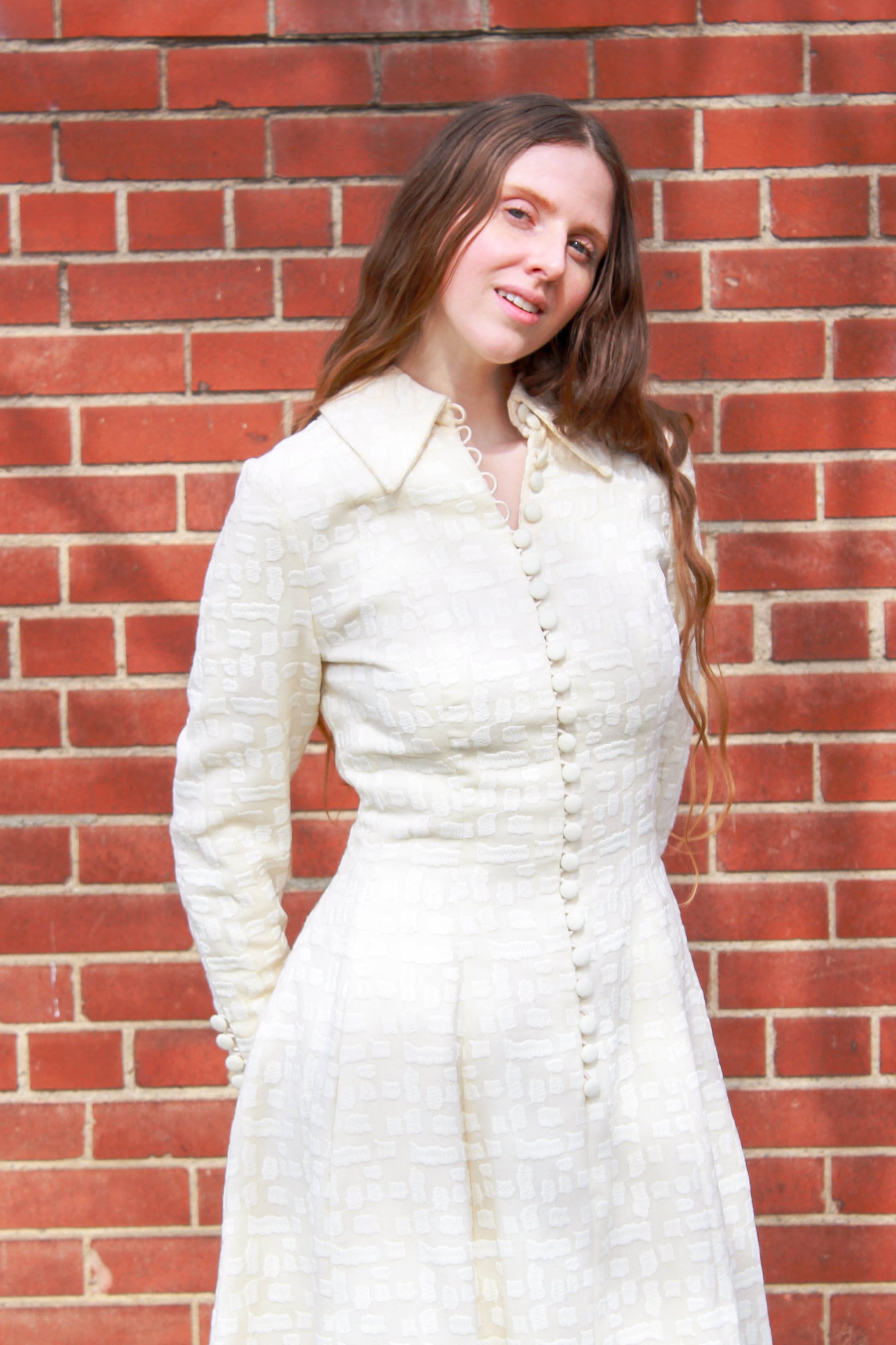 Vintage 1970s Léron Cream Wool Long-Sleeve Hostess Dress with Collar, Winter Bride