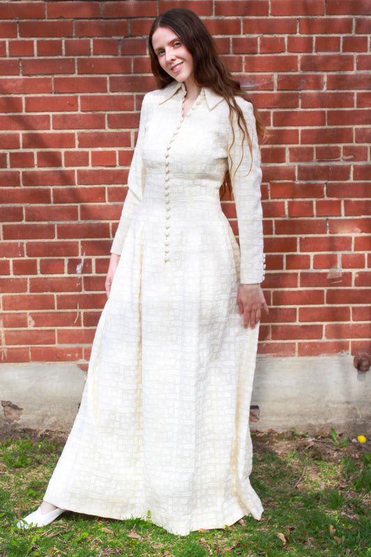 Vintage 1970s Léron Cream Wool Long-Sleeve Hostess Dress with Collar, Winter Bride