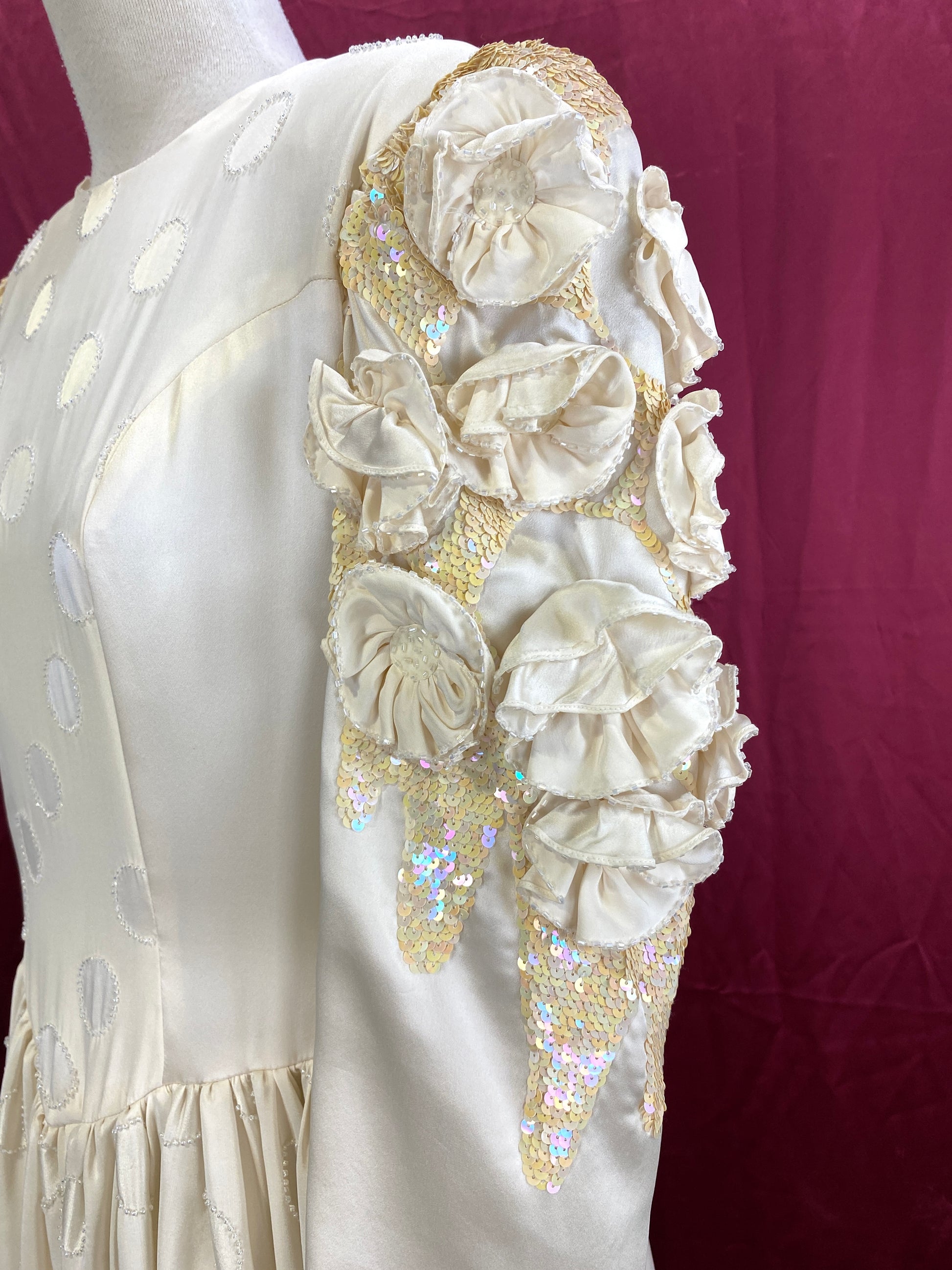 Vintage 1980s Ivory Silk Embellished Wedding Dress, Large