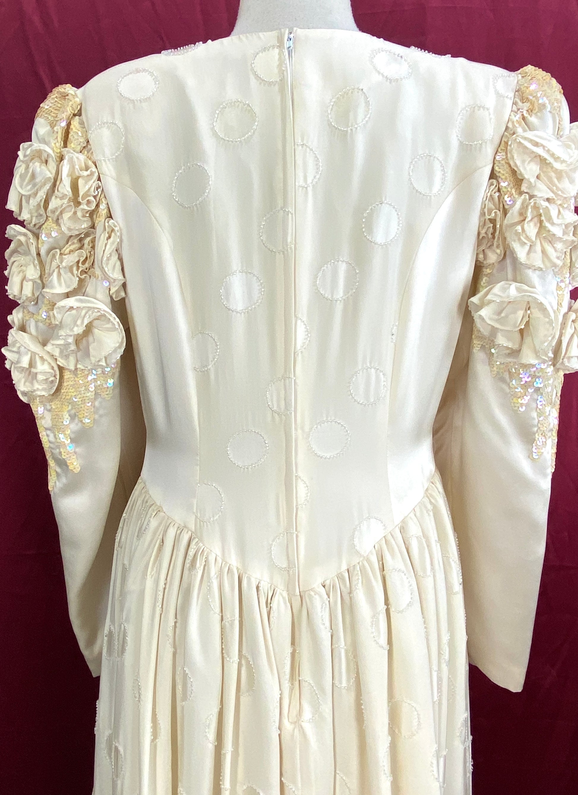 Vintage 1980s Ivory Silk Wedding Dress with Beaded Circles, M-L Vintage 1980s Ivory Silk Wedding Dress with Beaded Circles, M-L