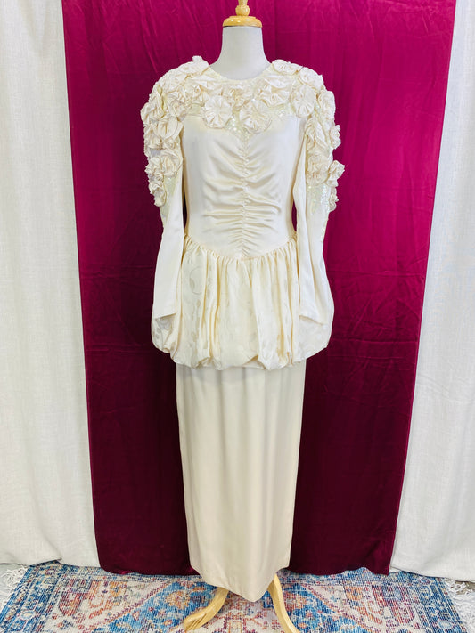 Vintage 80s Ivory Silk Bubble Skirt Embellished Long Sleeve Bridal Gown, B38
