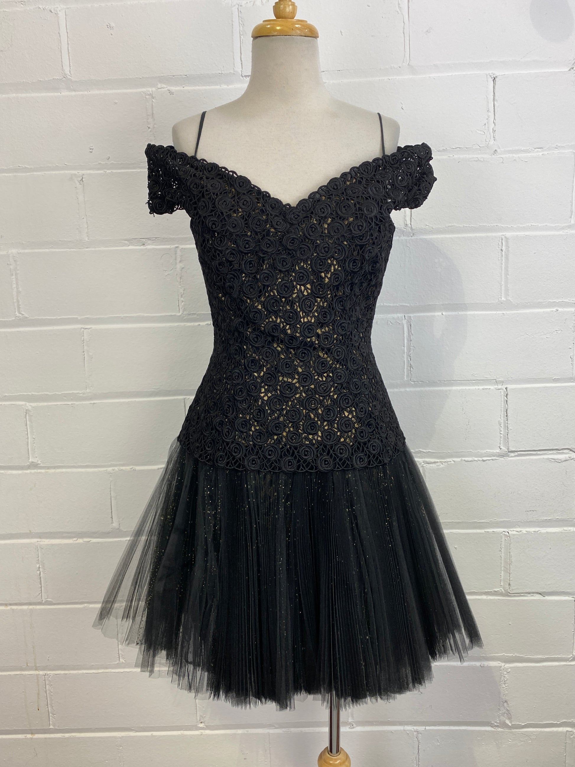 Vintage 1980s Black Pleated Tulle Drop-Waist Party Dress with Rose Lac Ian Drummond Vintage Vintage 1980s Black Pleated Tulle Drop-Waist Party Dress with Rose Lac Ian Drummond Vintage