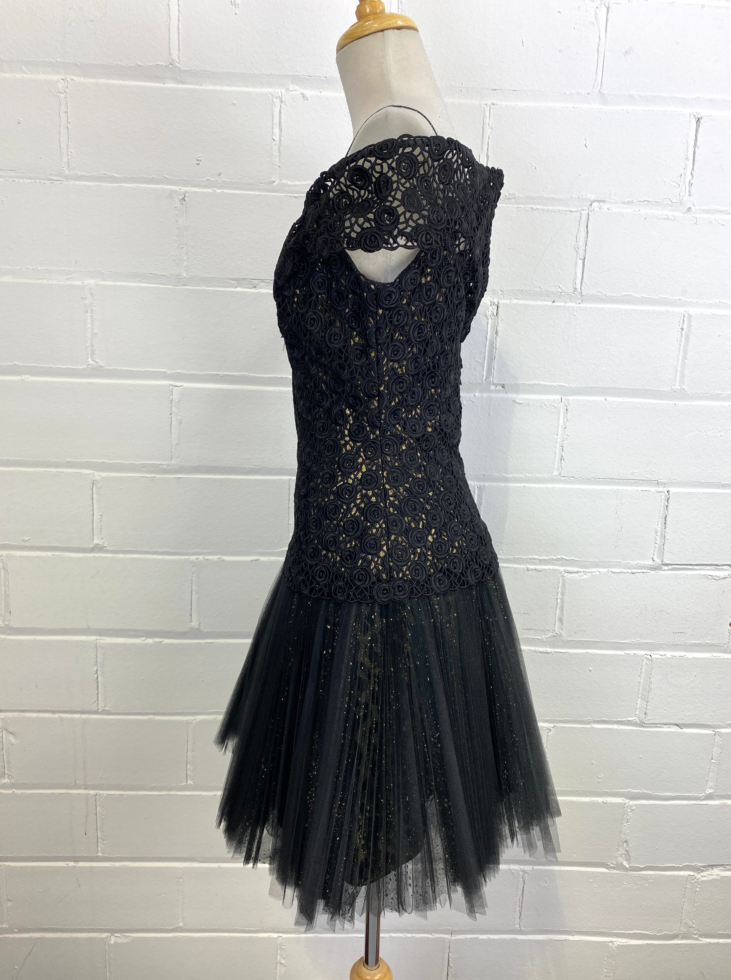 Vintage 1980s Black Pleated Tulle Drop-Waist Party Dress with Rose Lace  Bodice, Small