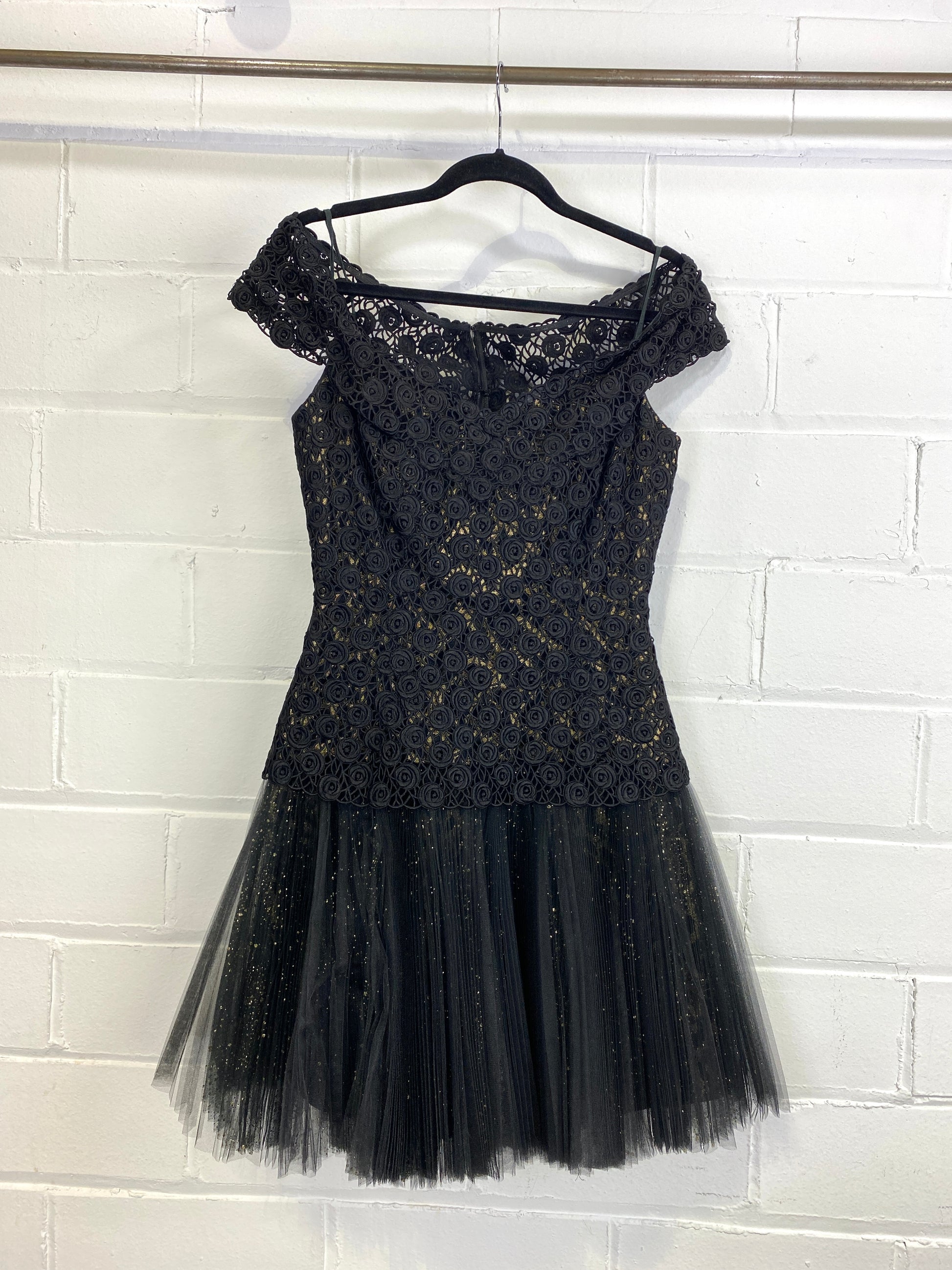 Vintage 1980s Black Pleated Tulle Drop-Waist Party Dress with Rose Lace Bodice