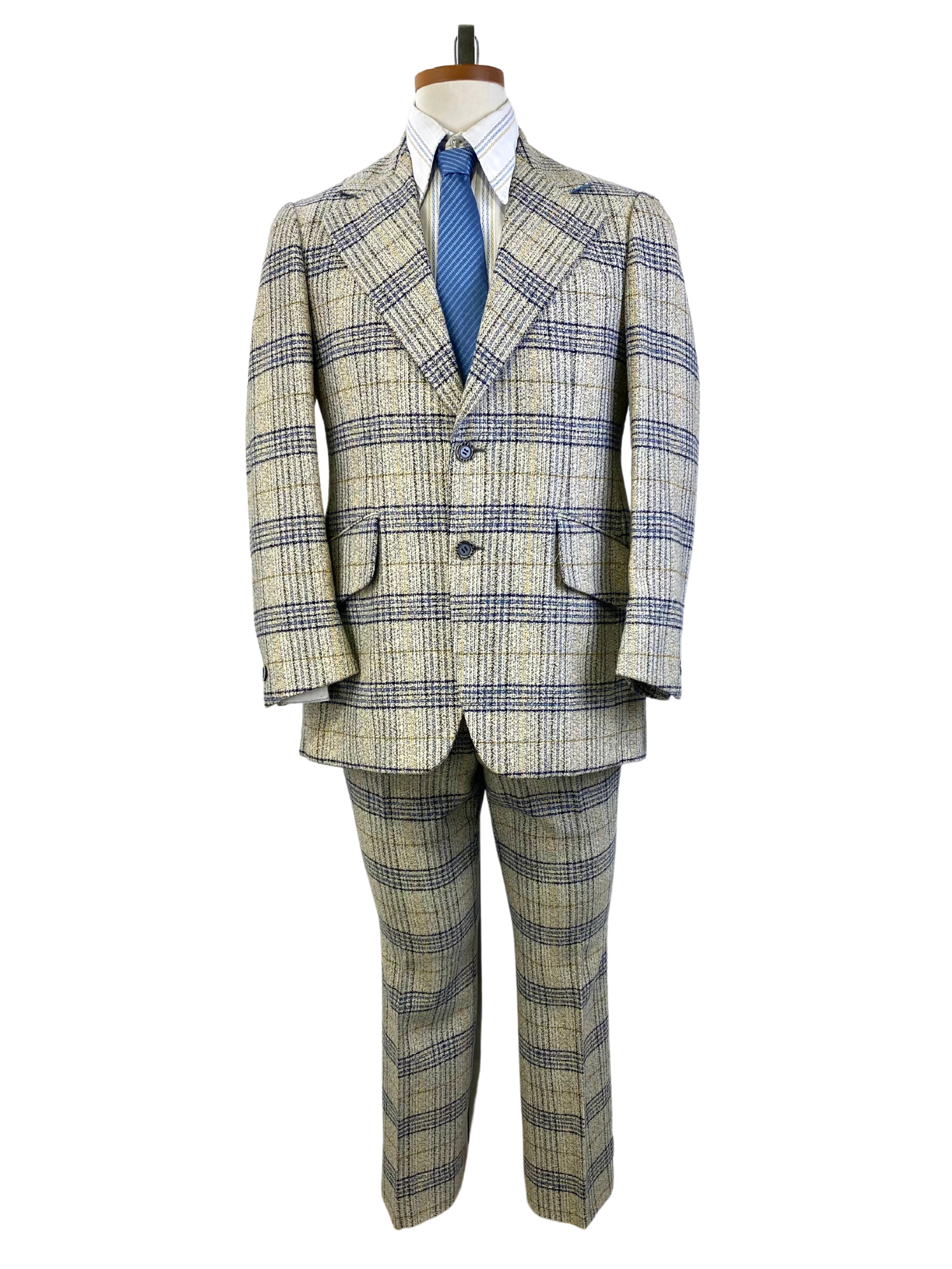 Early 1970s Vintage Men's Suit, Blue/ Gold 2-Piece Plaid Suit, Norman Holland Toronto