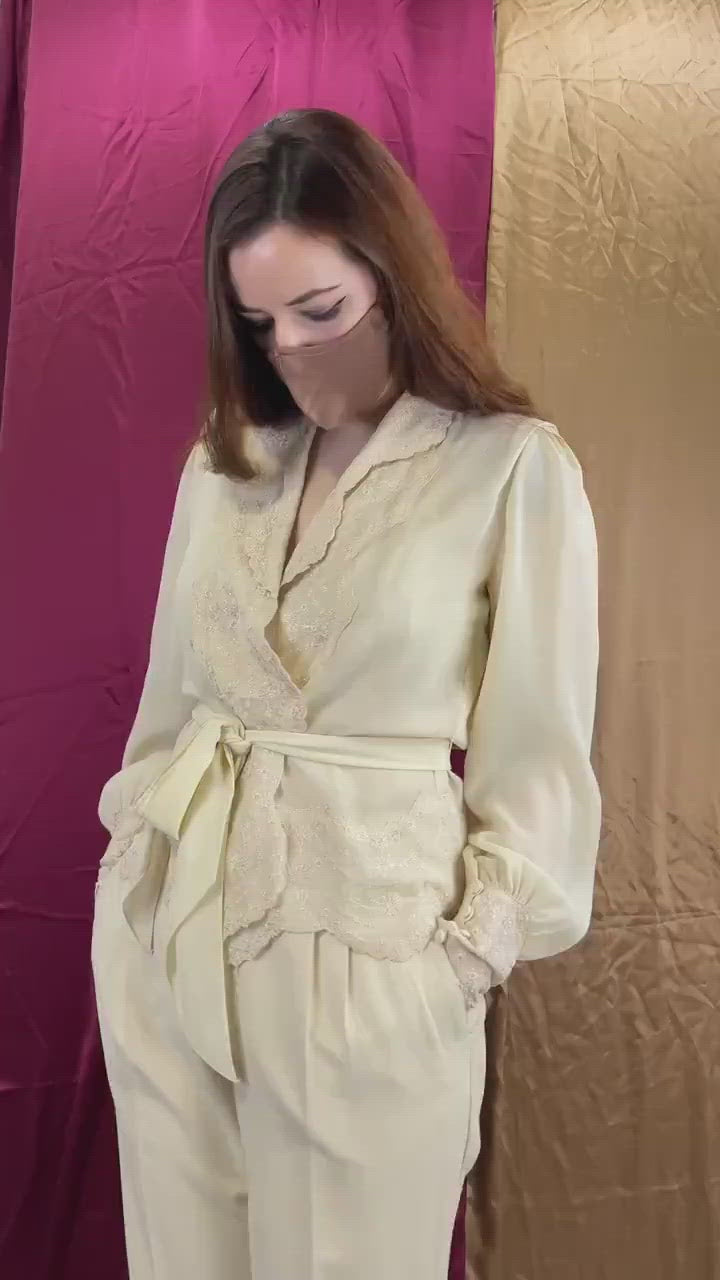 1980s Ivory Bed Jacket with Lace Trim and Sash Belt, Sheer Polyester Crepe, Bust 30", Vintage Womens Lingerie, Boho Festival Jacket