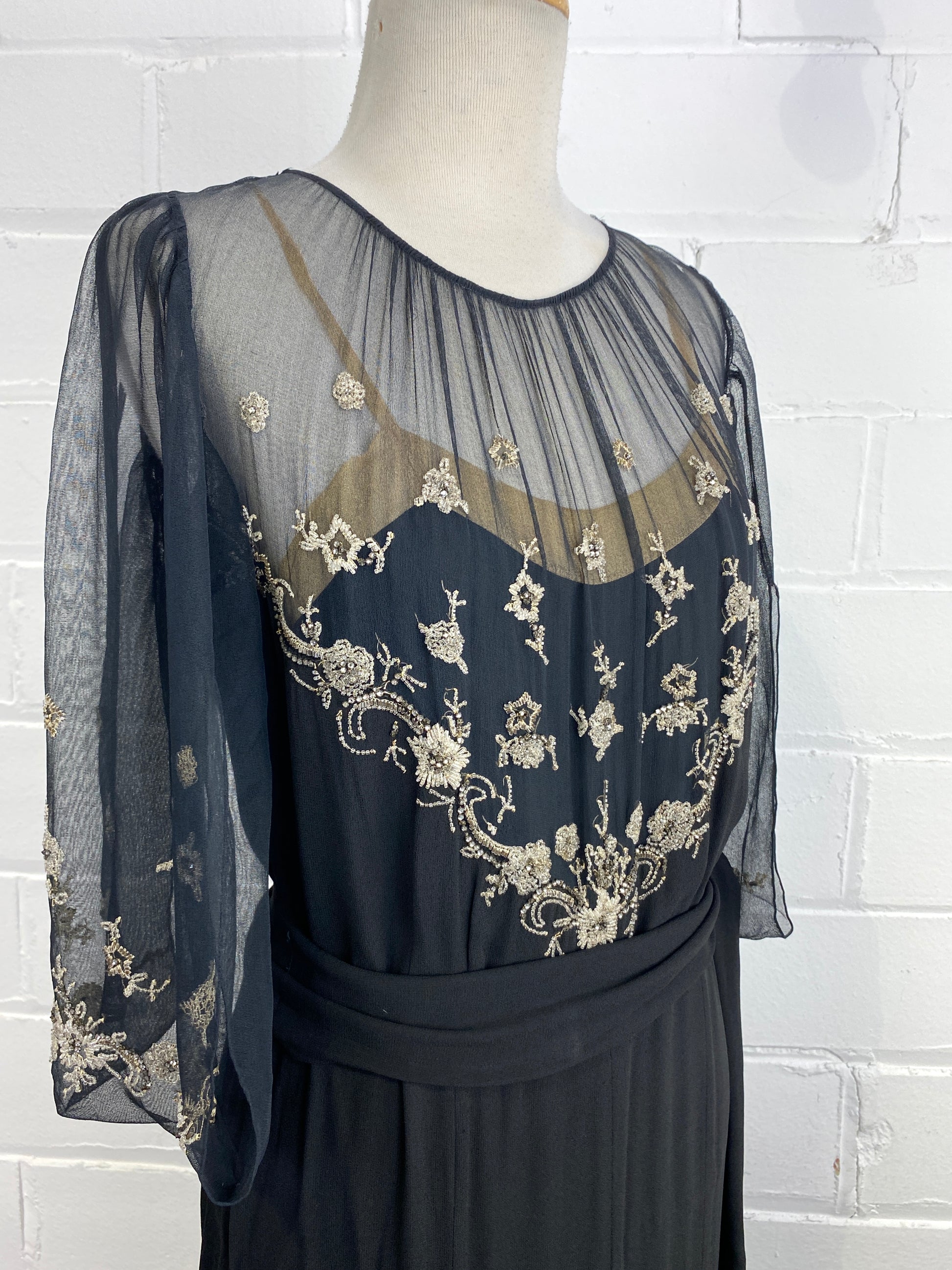 Vintage 1930s Black Crepe Beaded Evening Gown, Medium 