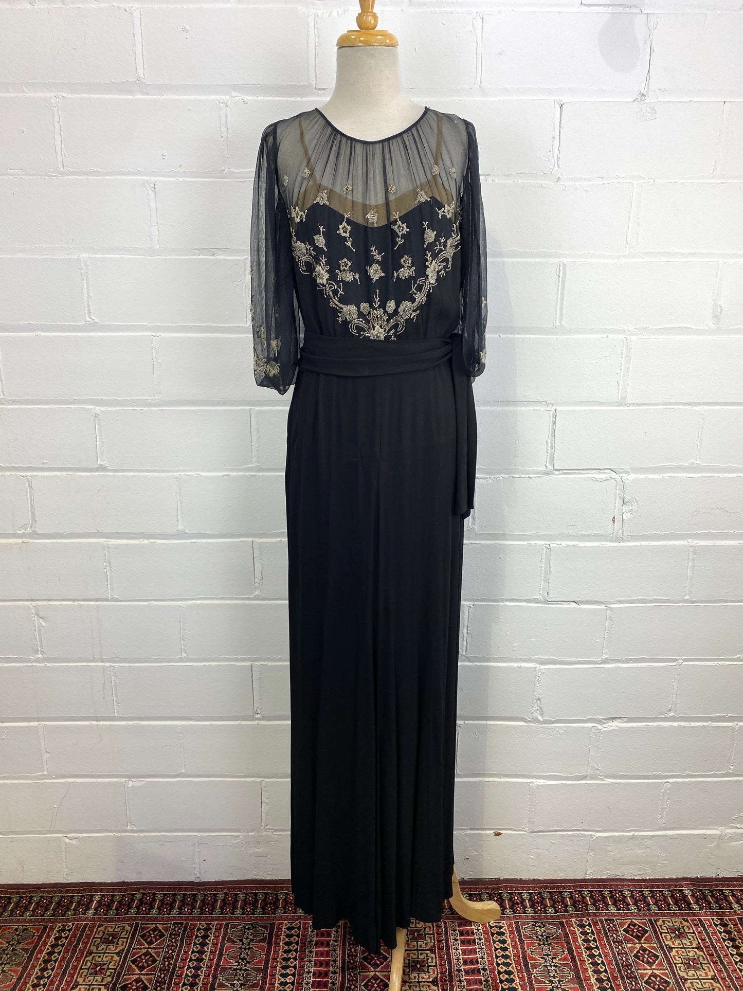 Vintage 1930s Black Crepe Beaded Evening Gown, Medium 