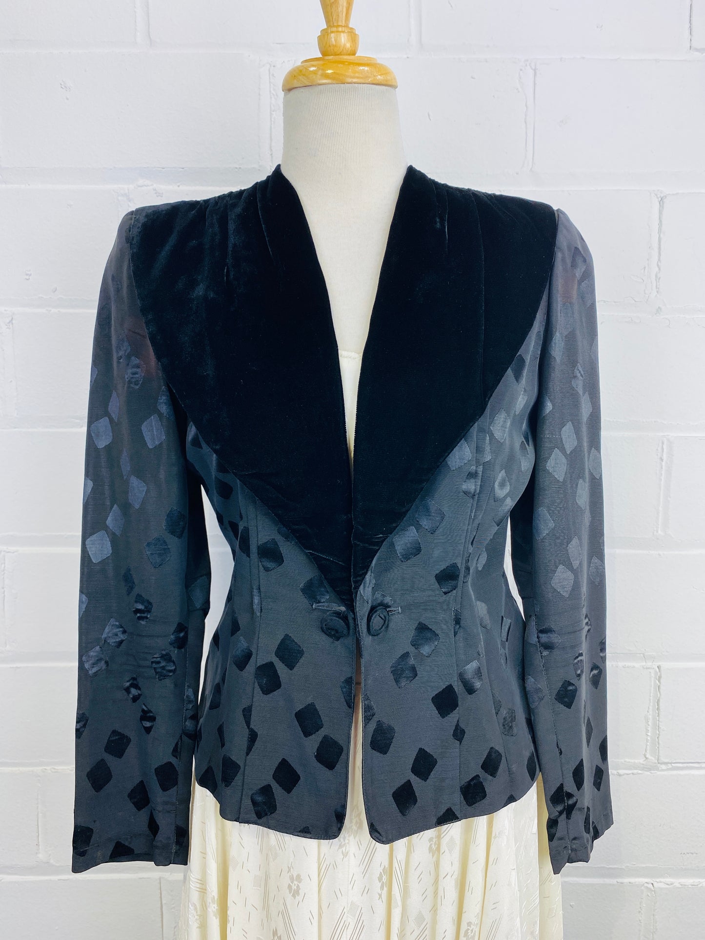 Vintage 1940s Black Jacquard Blazer, Velvet Shawl Collar, Medium 