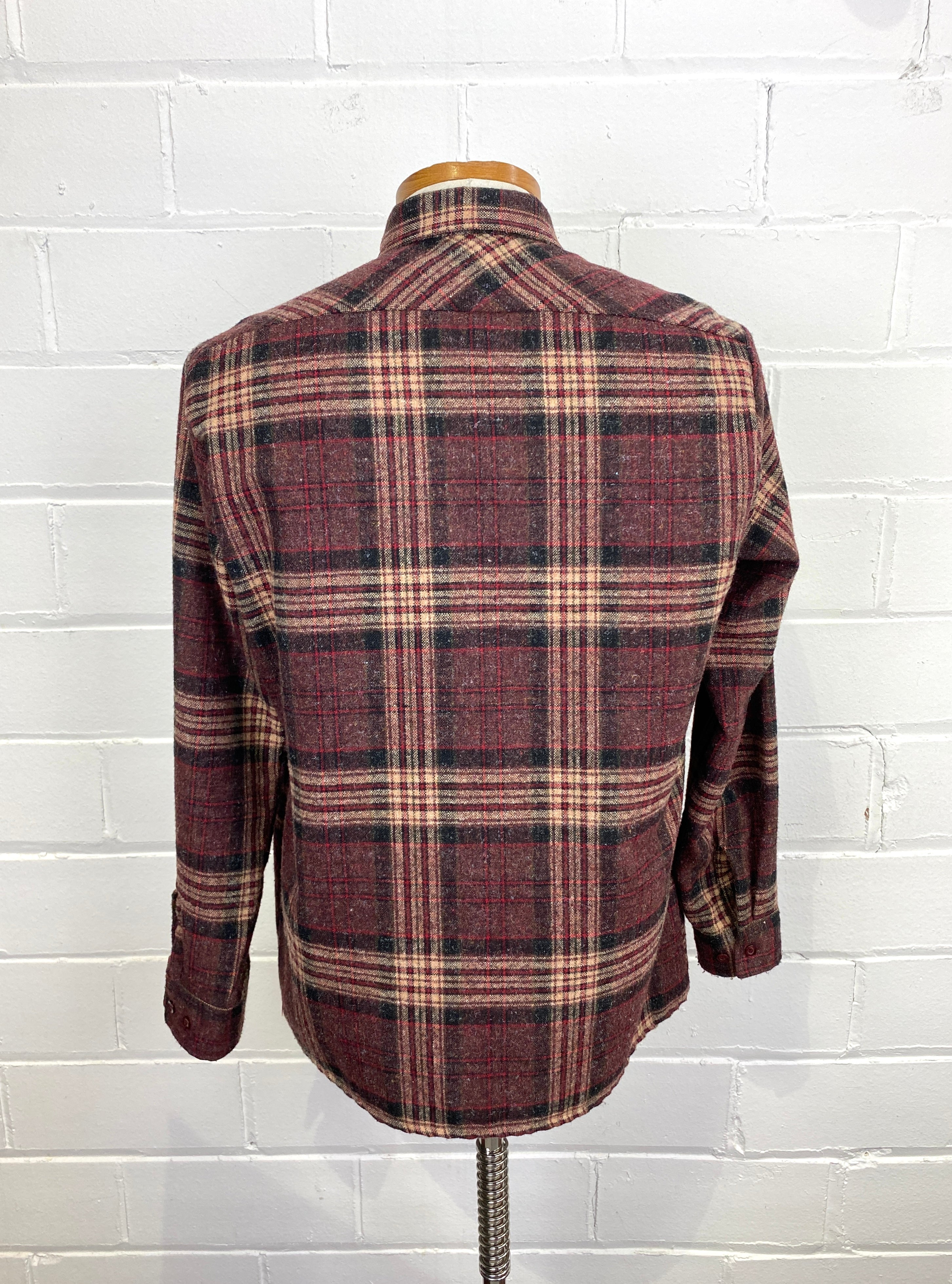 Vintage 1980s Men's Wine Plaid Poly-Wool Button-Up Shirt, Large