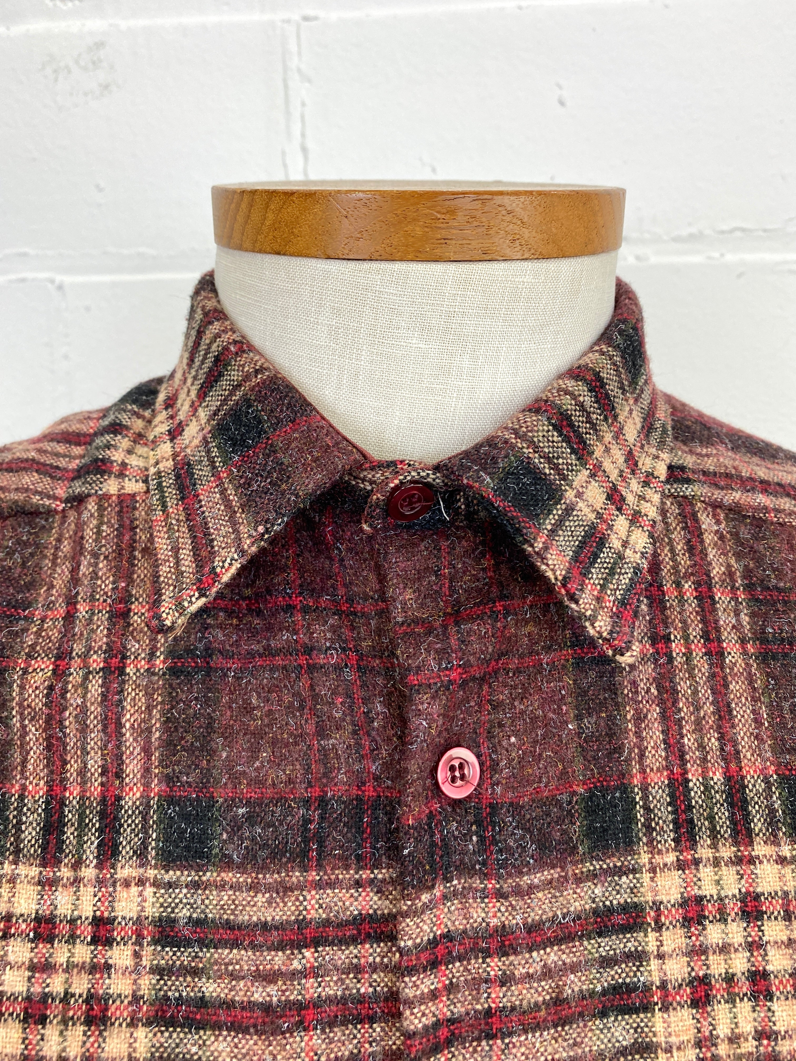 Vintage 1980s Men's Wine Plaid Poly-Wool Button-Up Shirt, Large