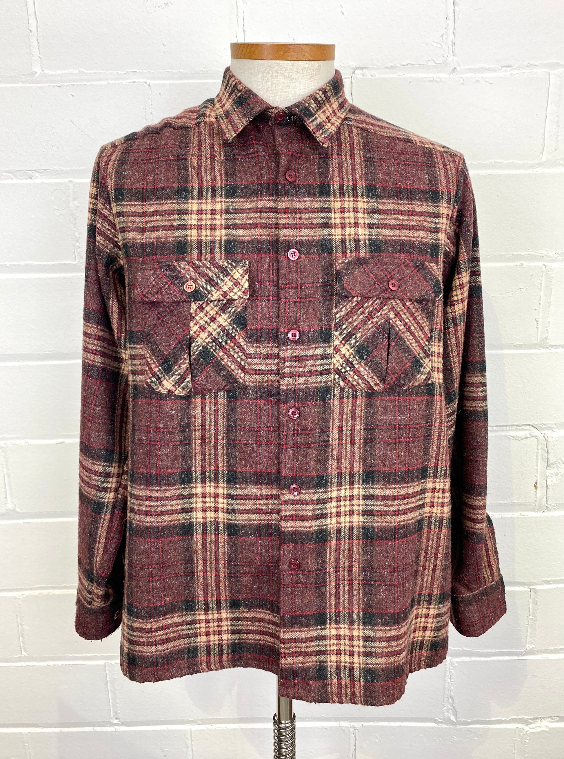 Vintage 1970s Men's Wine Plaid Poly-Wool Button-Up Shirt, Large