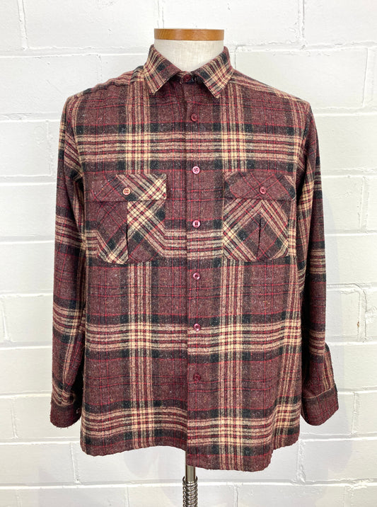 Vintage 1970s Men's Wine Plaid Poly-Wool Button-Up Shirt, Large