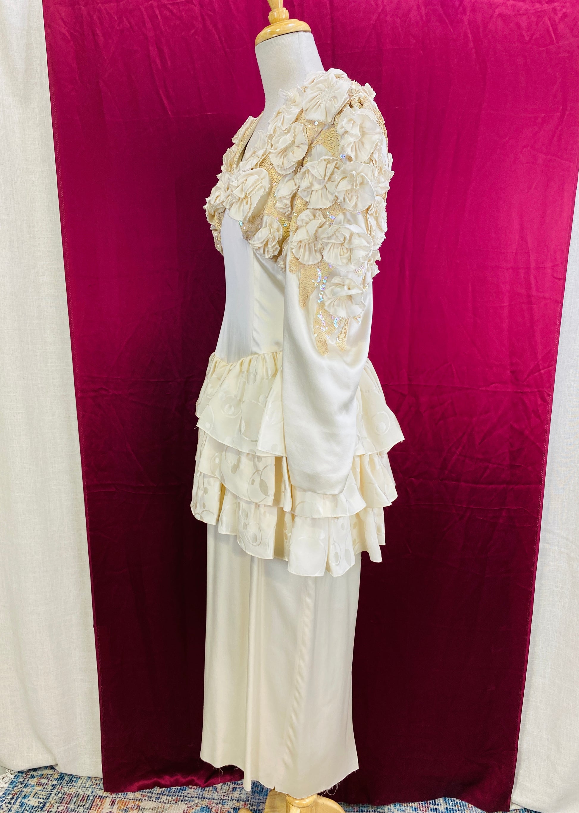 Vintage 80s Ivory Silk Tiered Skirt Wedding Gown with Rosette's, Large, Doubles