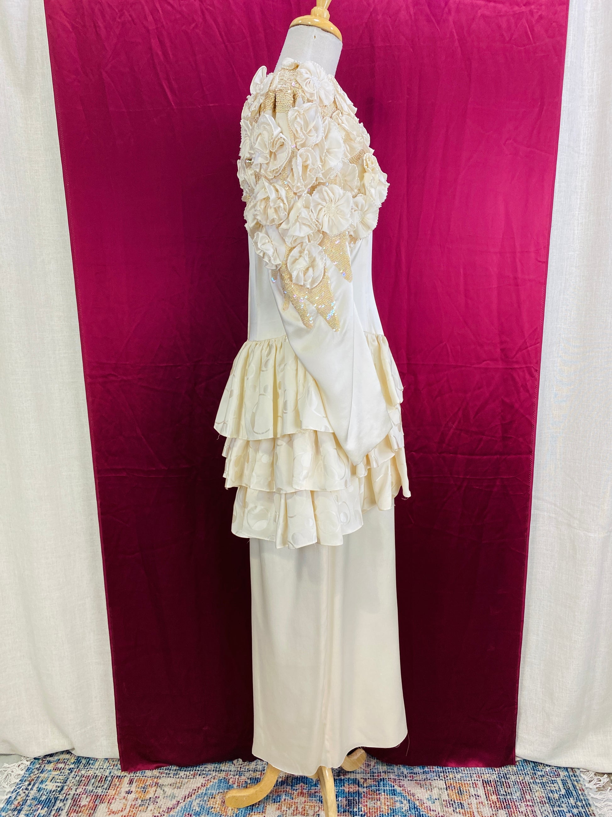 Vintage 80s Ivory Silk Tiered Skirt Wedding Gown with Rosette's, Large, Doubles