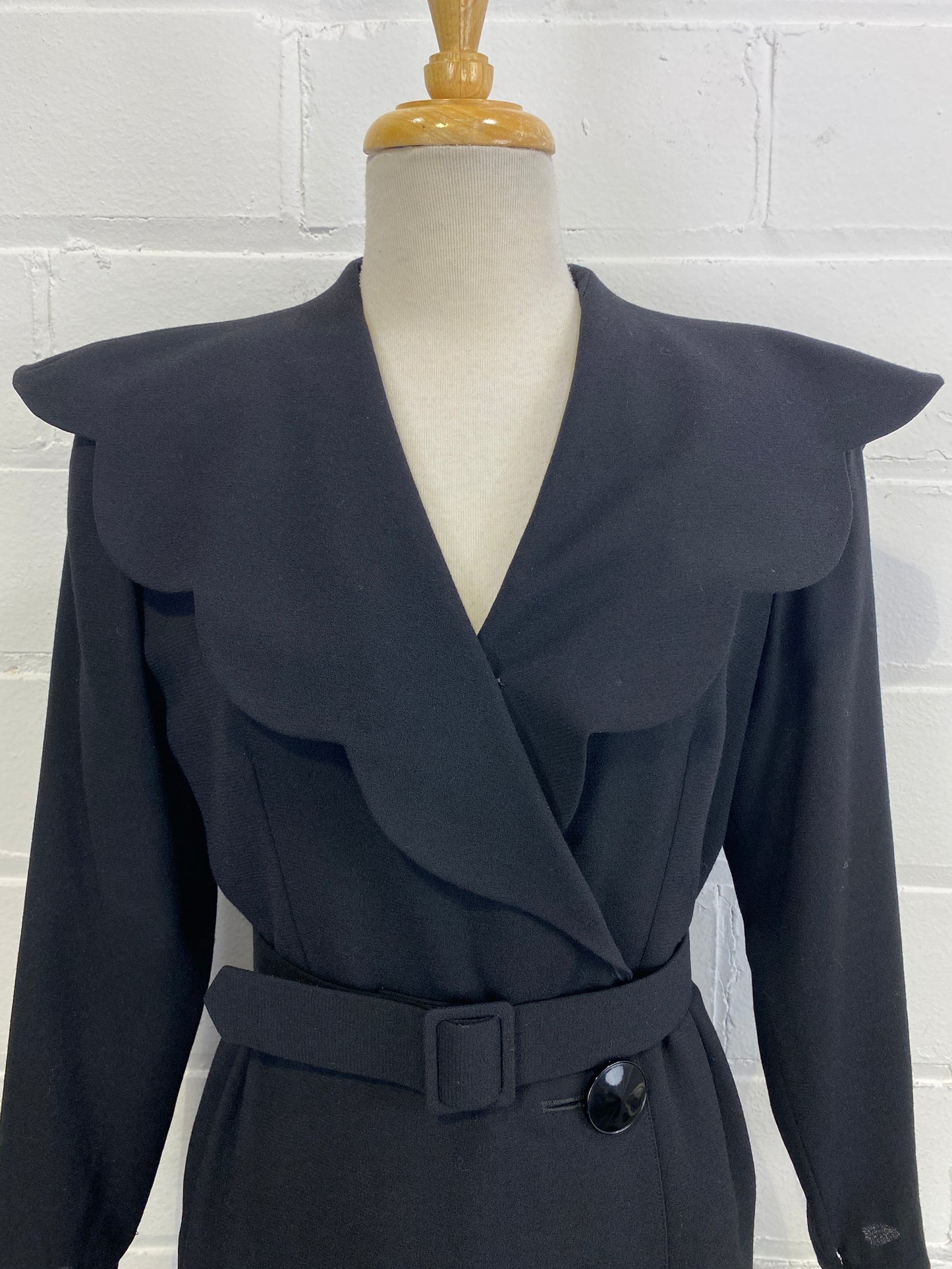 Vintage 80s Guy Laroche Black Wool Crepe Coat Dress, Small