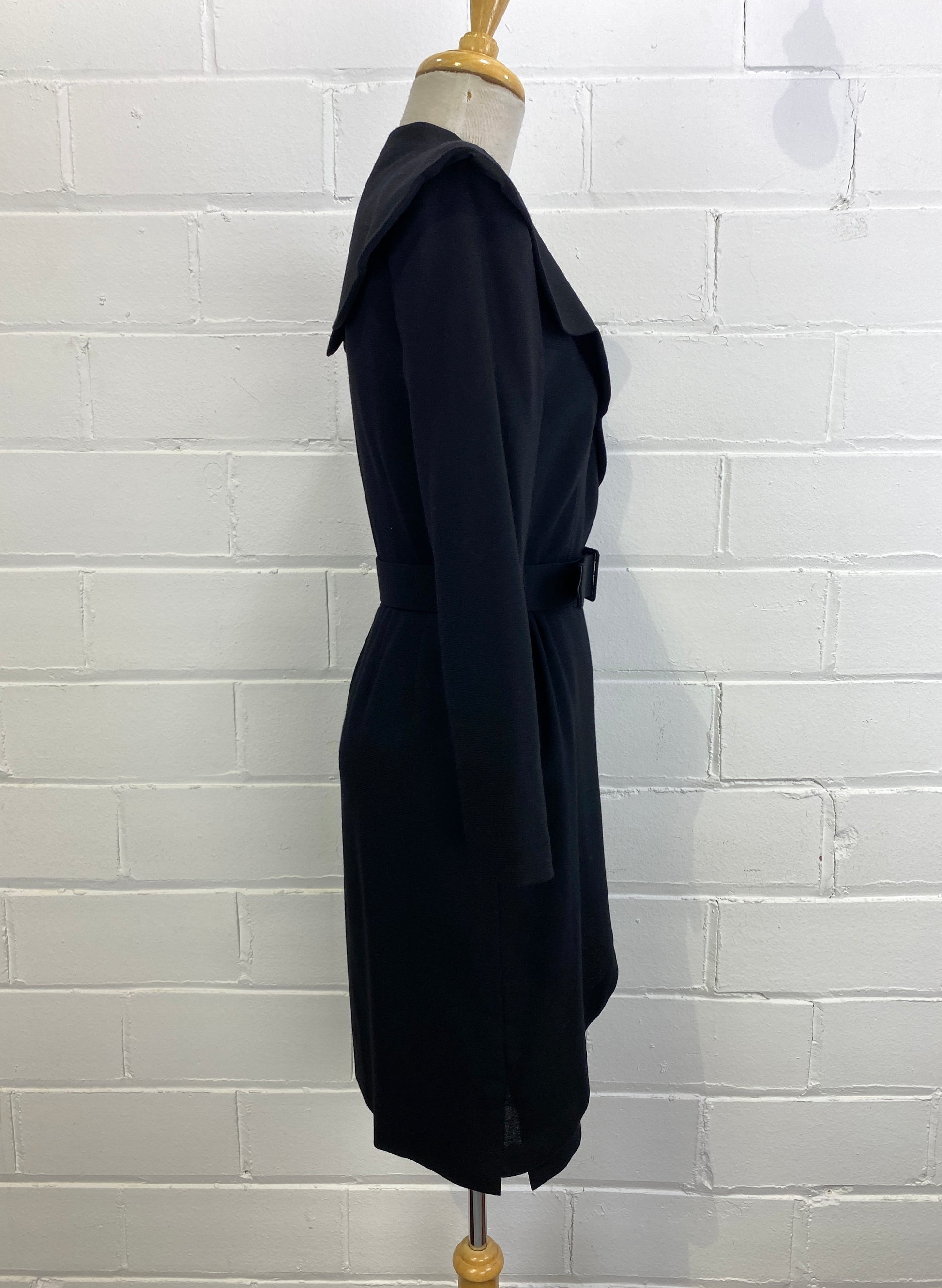 Vintage 80s Guy Laroche Black Wool Crepe Coat Dress, Small