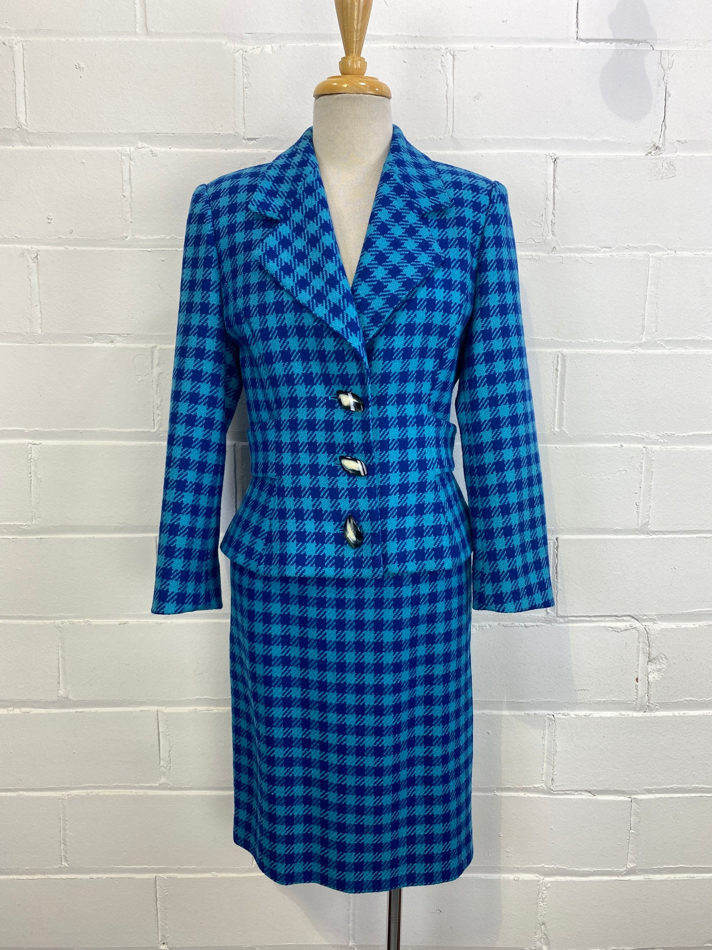 Vintage 90s Guy Laroche Blue Wool Check Skirt Suit, Small