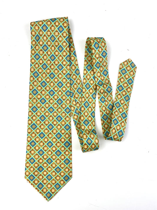 Front of: 90s Deadstock Silk Necktie, Men's Vintage Green/ Blue/ Gold Geometric Check Pattern Tie, NOS