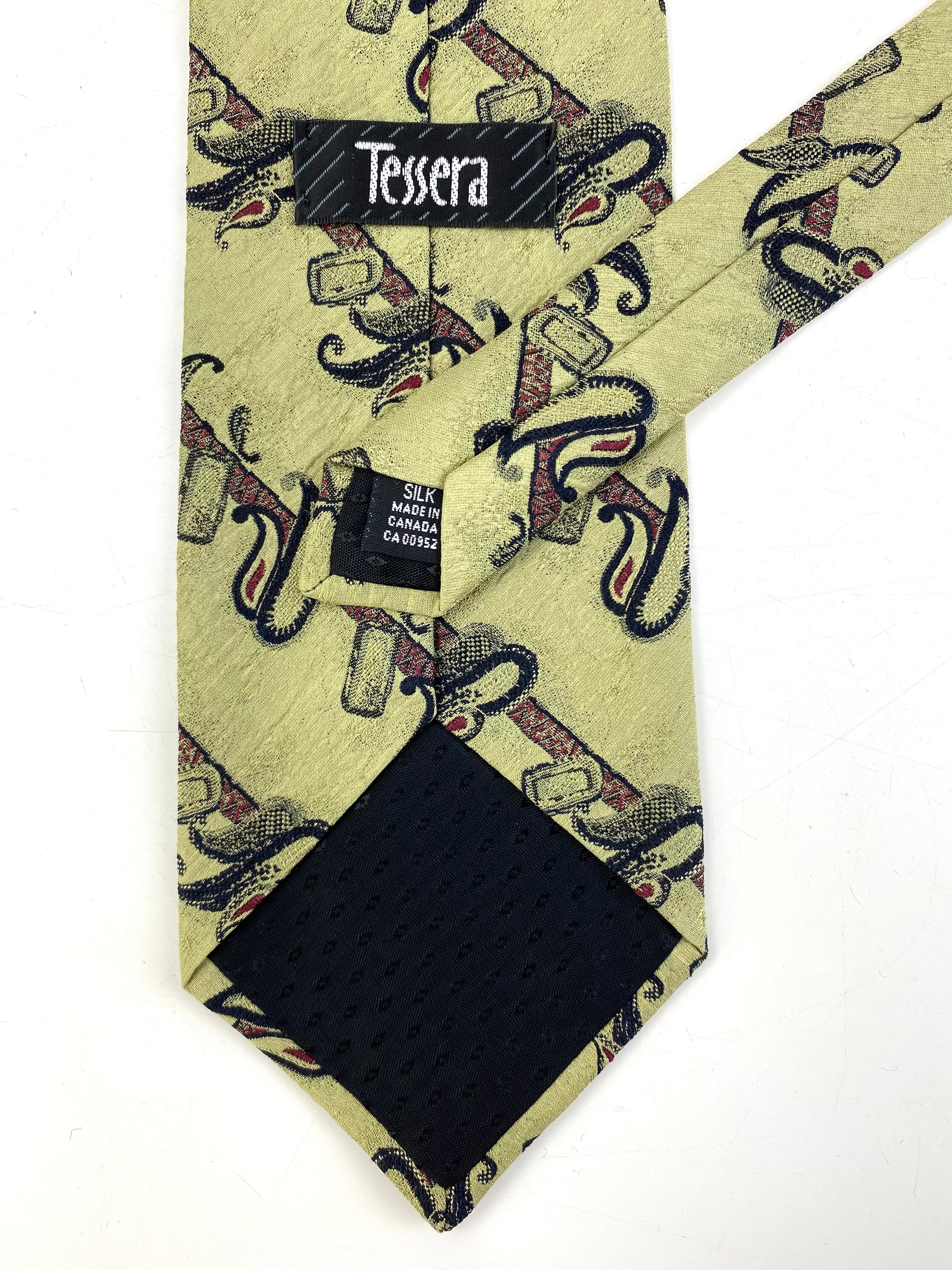 Back and labels of: 90s Deadstock Silk Necktie, Men's Vintage Green/ Black Diagonal Stripe Paisley Pattern Tie, NOS