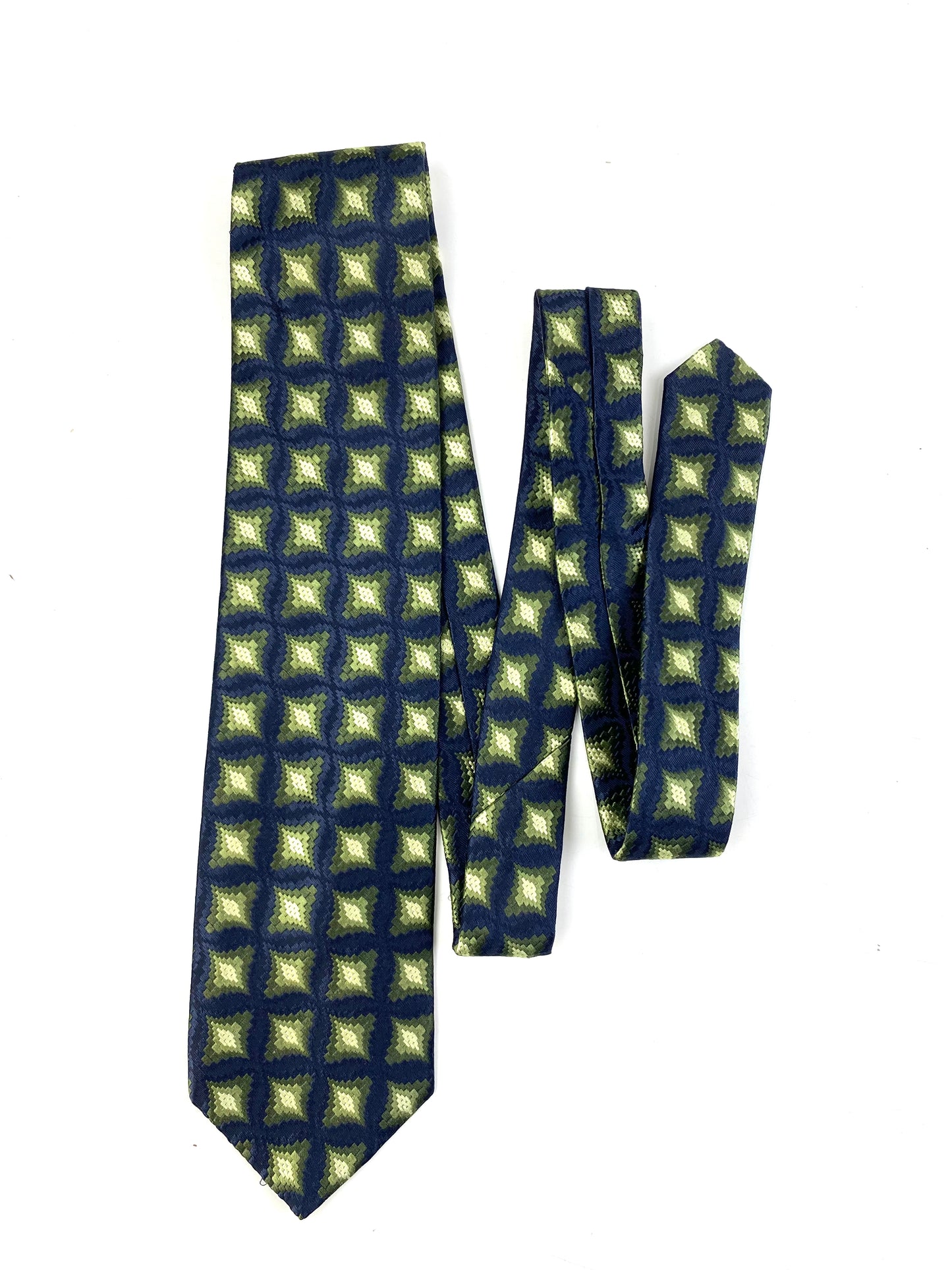 Front of: 90s Deadstock Silk Necktie, Men's Vintage Green/ Navy Geometric Check Pattern Tie, NOS