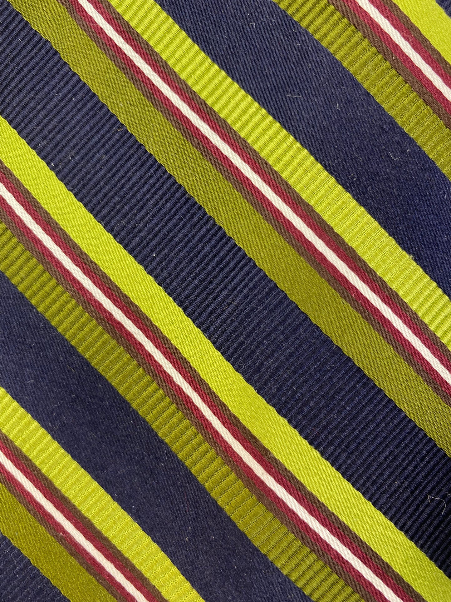 Close-up of: 90s Deadstock Silk Necktie, Men's Vintage Green/ Navy/ Wine Regimental Stripe Pattern Tie, NOS