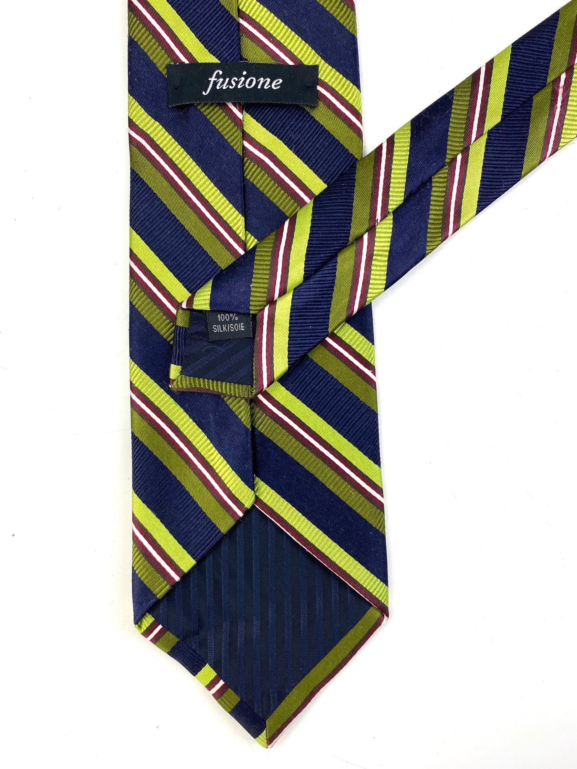 Back and labels of: 90s Deadstock Silk Necktie, Men's Vintage Green/ Navy/ Wine Regimental Stripe Pattern Tie, NOS