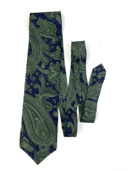 Front of: 90s Deadstock Silk Necktie, Men's Vintage Green/ Navy Paisley Pattern Tie, NOS
