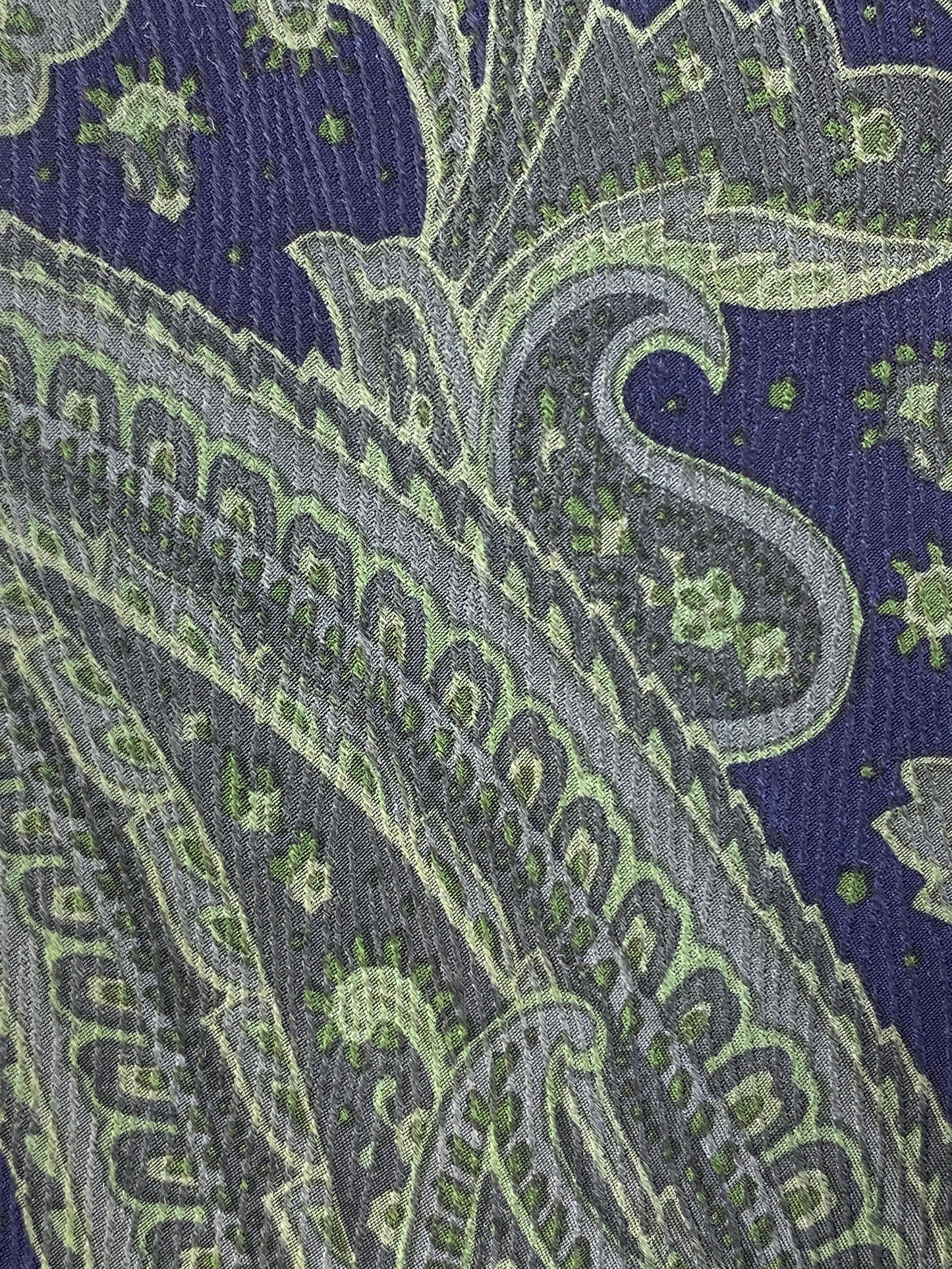Close-up of: 90s Deadstock Silk Necktie, Men's Vintage Green/ Navy Paisley Pattern Tie, NOS