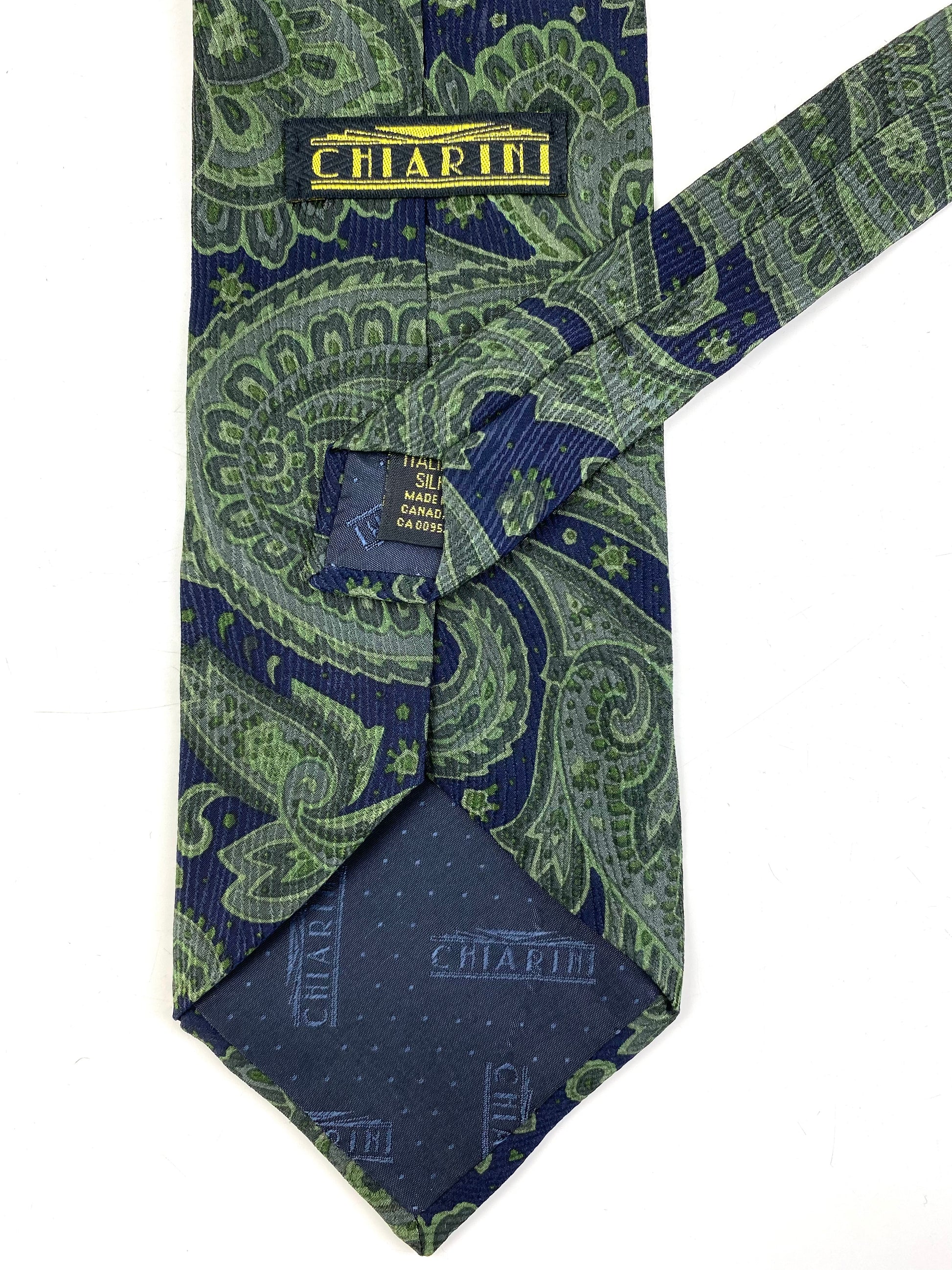 Back and labels of: 90s Deadstock Silk Necktie, Men's Vintage Green/ Navy Paisley Pattern Tie, NOS