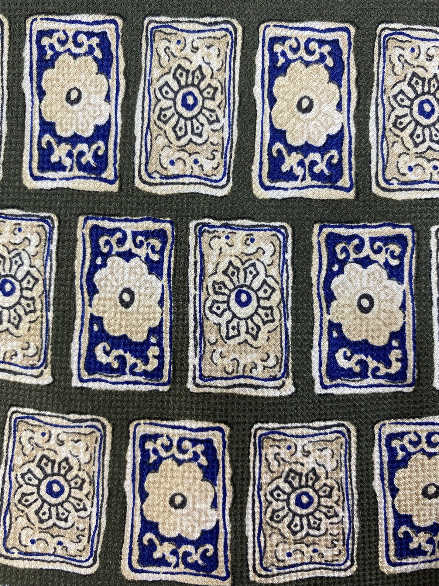 Close-up of: 90s Deadstock Silk Necktie, Men's Vintage Green/ Blue Geometric Suzani Pattern Tie, NOS