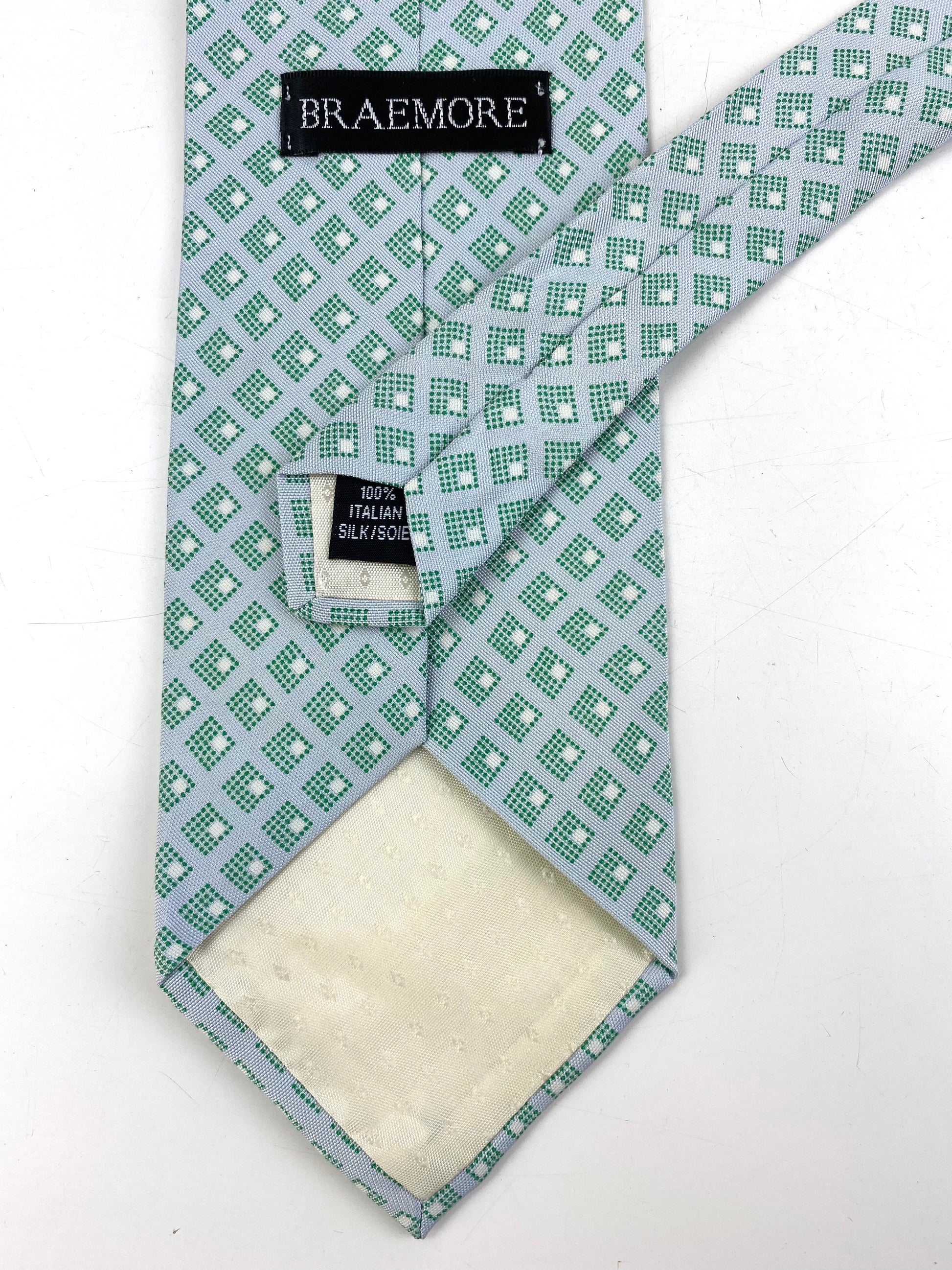 Back and labels of: 90s Deadstock Silk Necktie, Men's Vintage Green Blue Geometric Pattern Tie, NOS