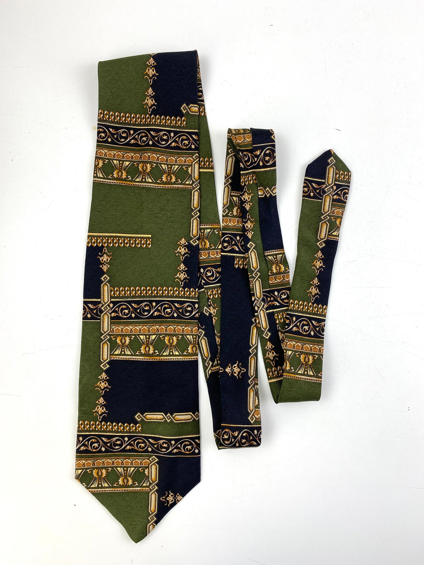 Front of: 90s Deadstock Silk Necktie, Men's Vintage Green/ Navy Filigree Cartouche Pattern Tie, NOS