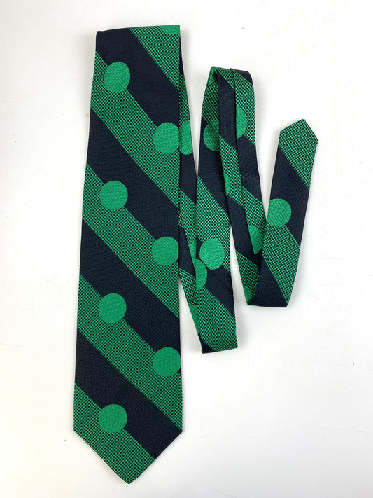 Front of: 90s Deadstock Silk Necktie, Men's Vintage Green/ Black Diagonal Stripe Polka Dot  Pattern Tie, NOS