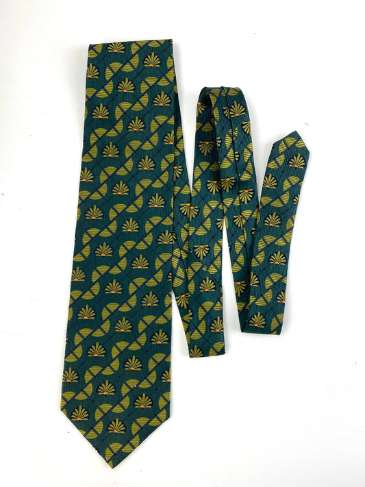 Front of: 90s Deadstock Silk Necktie, Men's Vintage Green Lattice Art Deco Fan Pattern Tie, NOS
