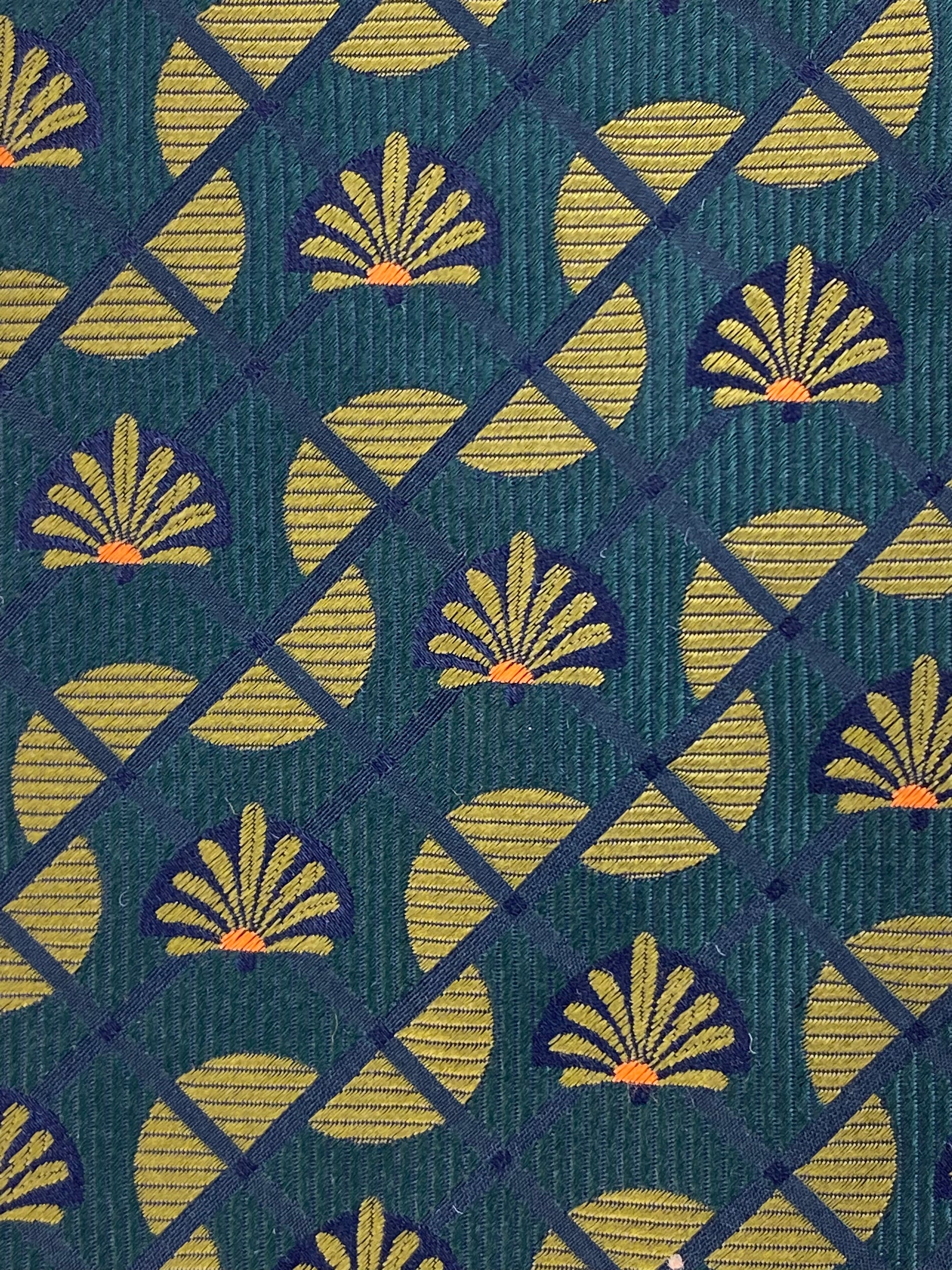 Close-up of: 90s Deadstock Silk Necktie, Men's Vintage Green Lattice Art Deco Fan Pattern Tie, NOS