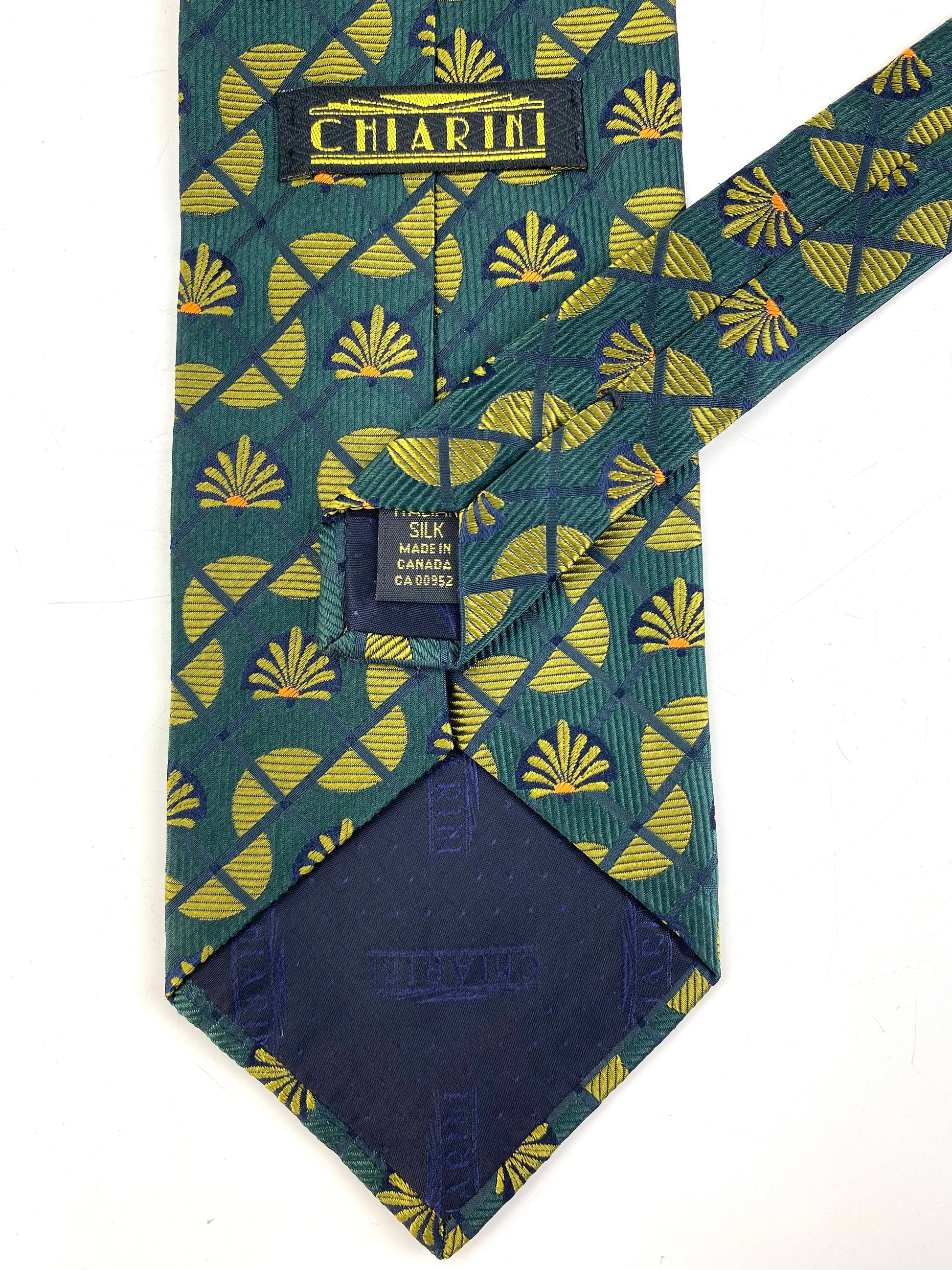 Back and labels of: 90s Deadstock Silk Necktie, Men's Vintage Green Lattice Art Deco Fan Pattern Tie, NOS
