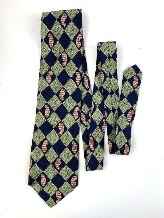 Front of: 90s Deadstock Silk Necktie, Men's Vintage Green/ Blue Check Paisley Pattern Tie, NOS