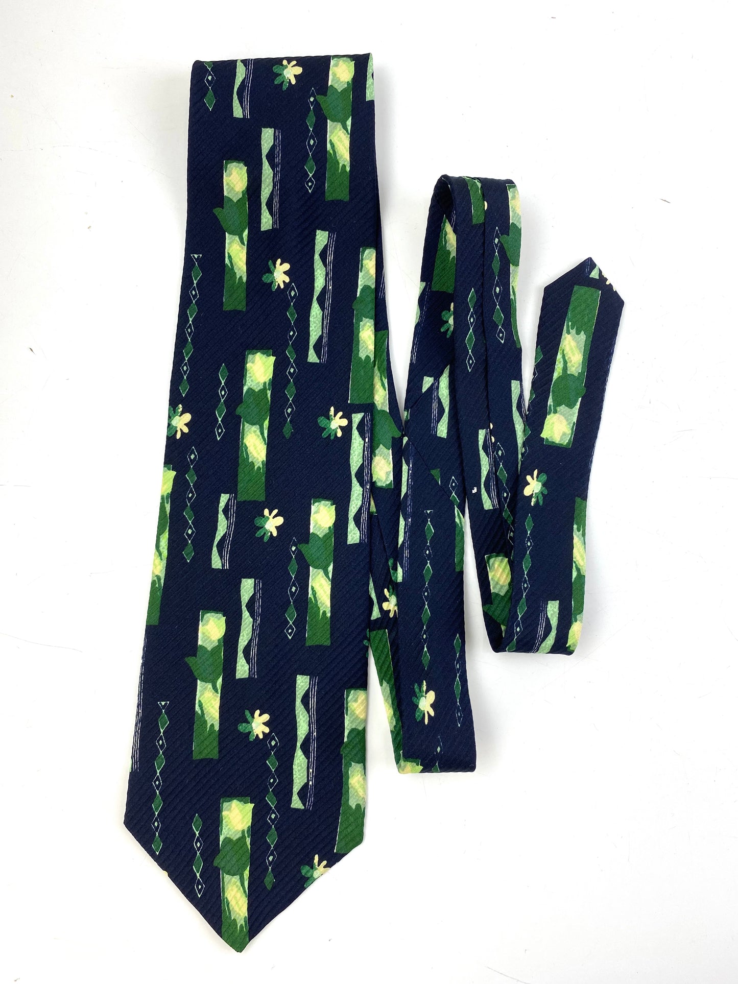 Front of: 90s Deadstock Silk Necktie, Men's Vintage Green/ Navy Floral Pattern Tie, NOS