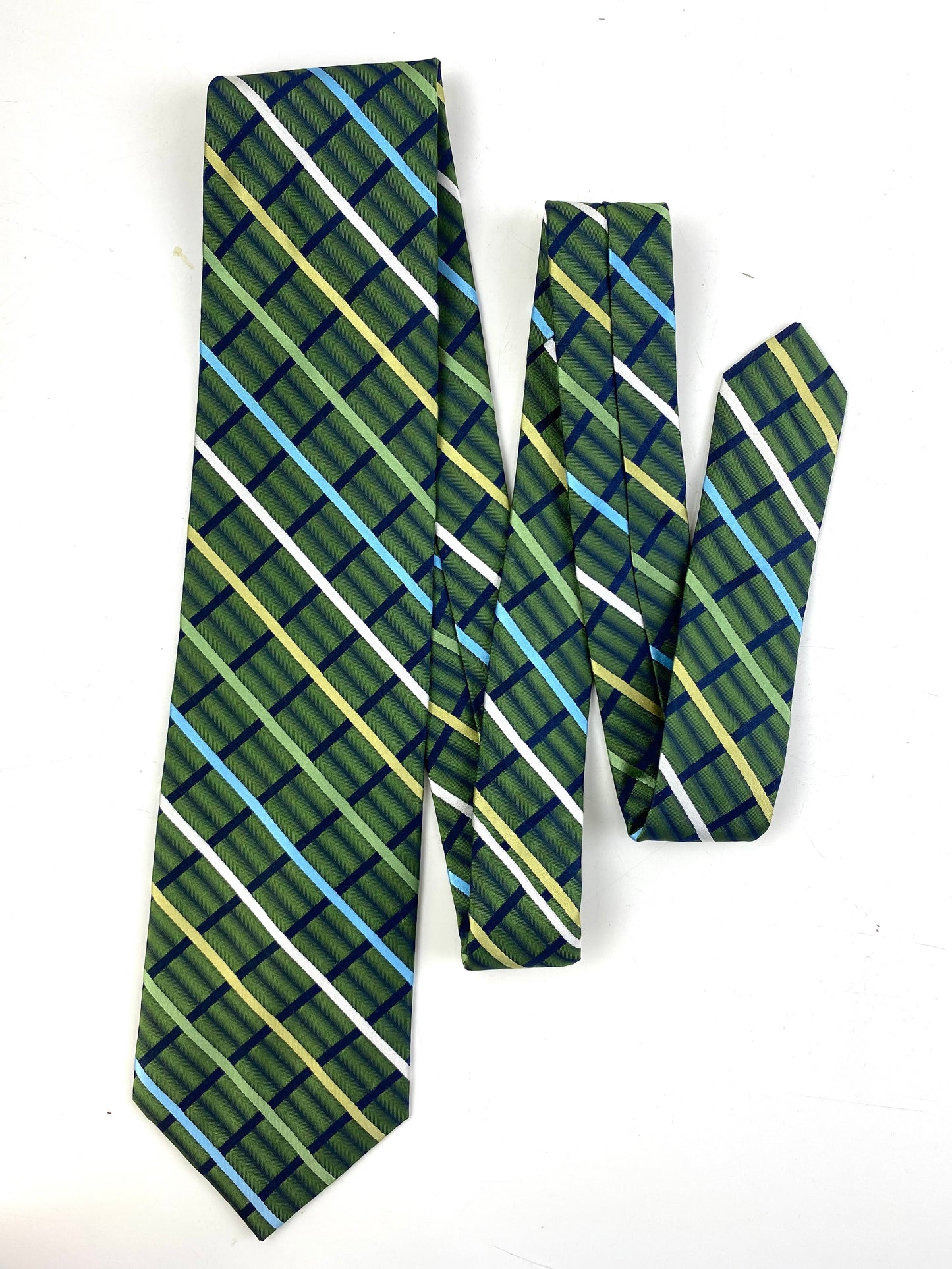 Front of: 90s Deadstock Silk Necktie, Men's Vintage Green/ Blue Check Stripe Pattern Tie, NOS