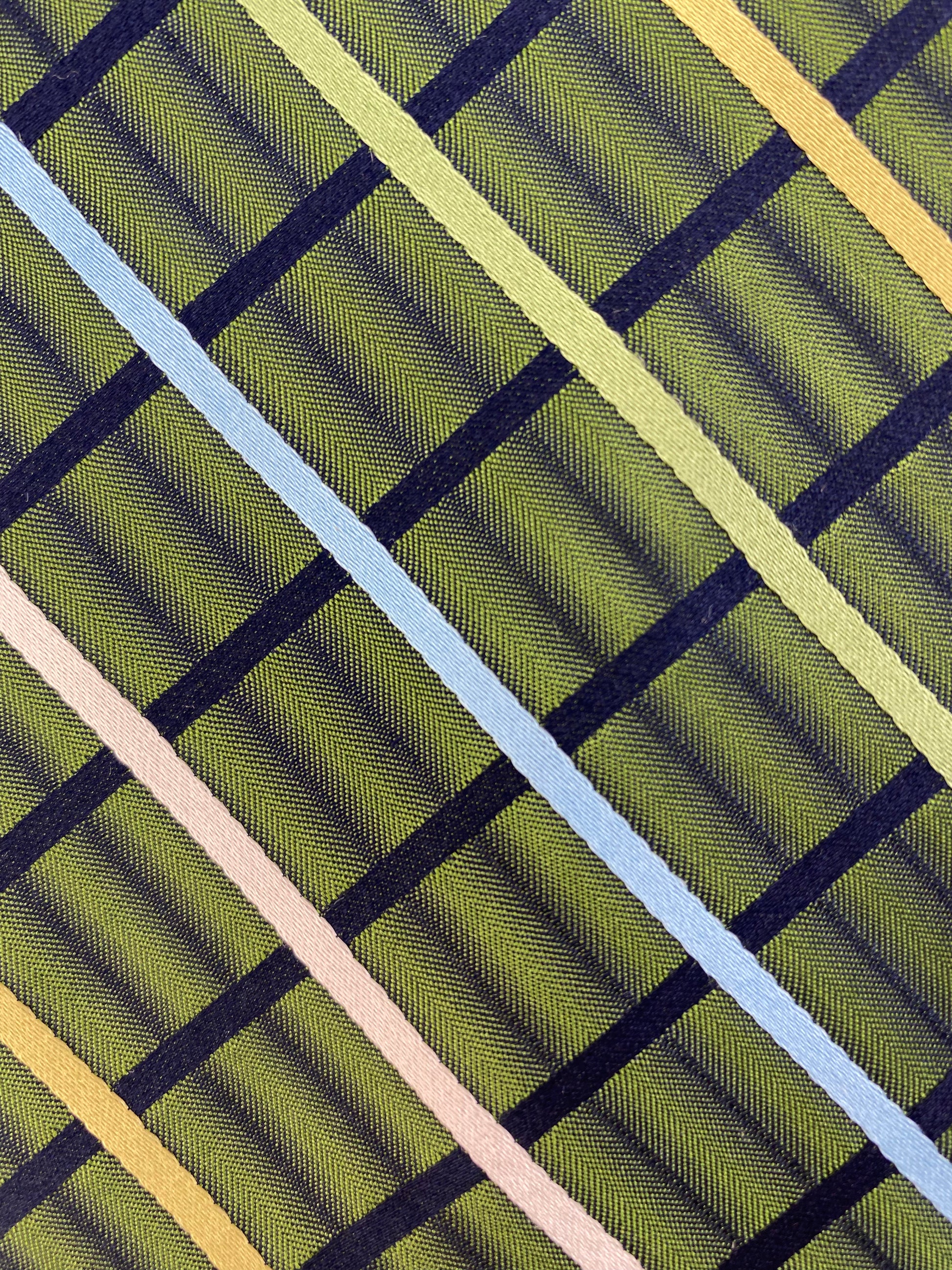 Close-up of: 90s Deadstock Silk Necktie, Men's Vintage Green/ Blue Check Stripe Pattern Tie, NOS