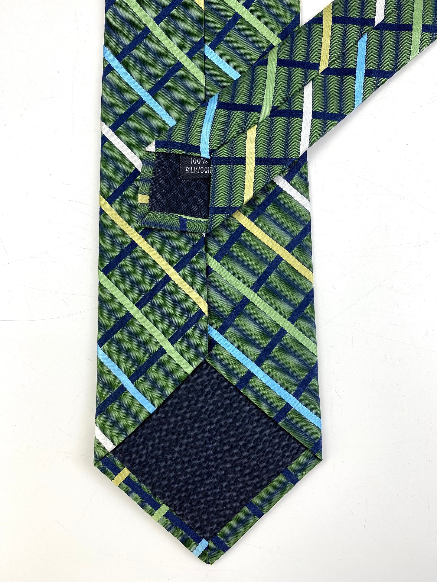 Back and labels of: 90s Deadstock Silk Necktie, Men's Vintage Green/ Blue Check Stripe Pattern Tie, NOS