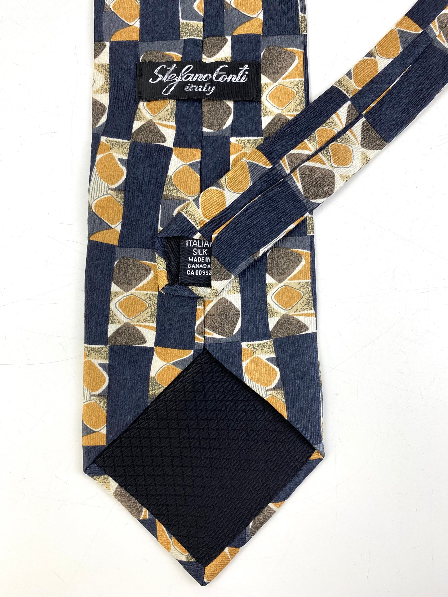 Back and labels of: 90s Deadstock Silk Necktie, Men's Vintage Grey/Navy/Yellow Abstract Pattern Tie, NOS